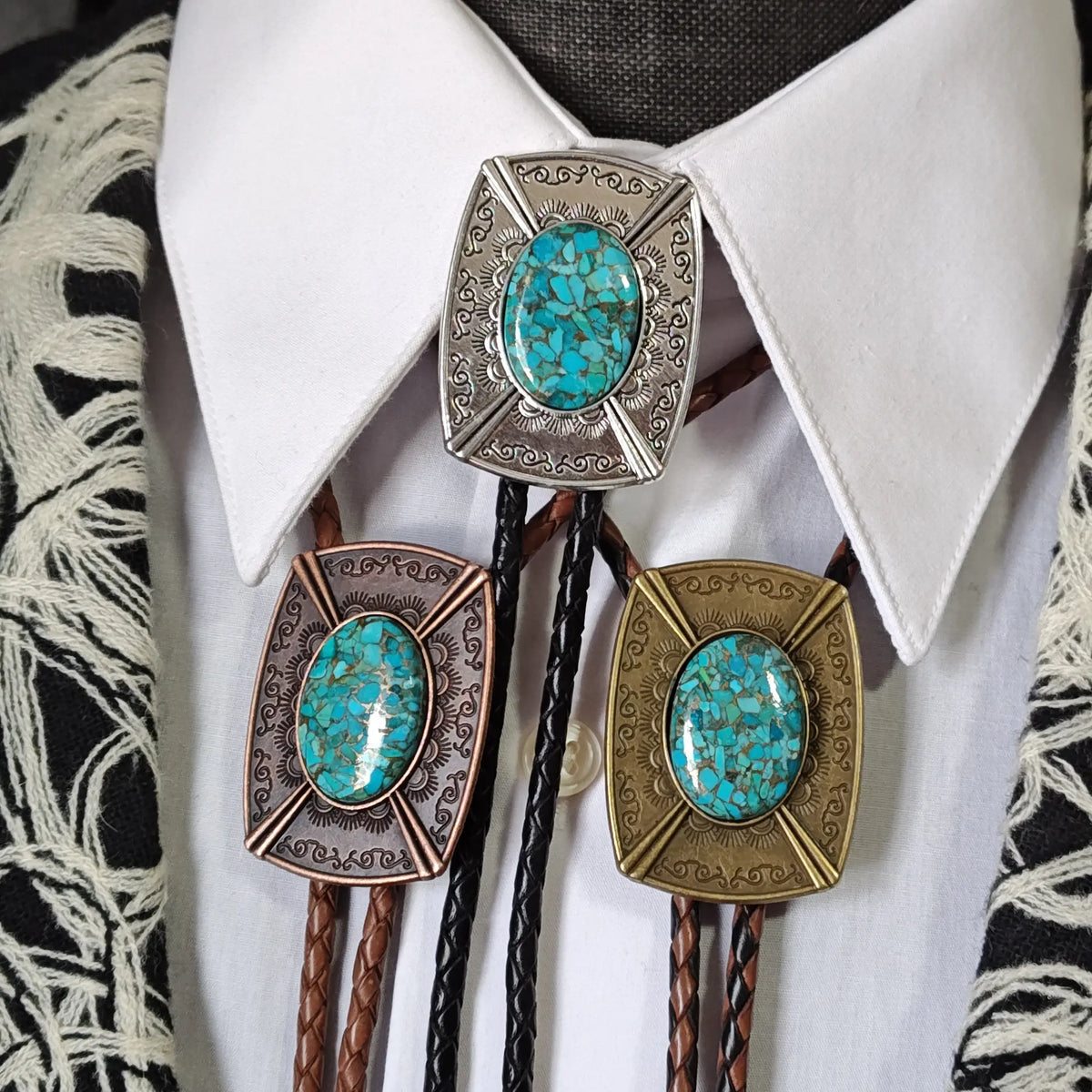 Mohave Turquoise with Copper Bolo Tie in Pahsimeroi Setting Gold, Silver or Copper