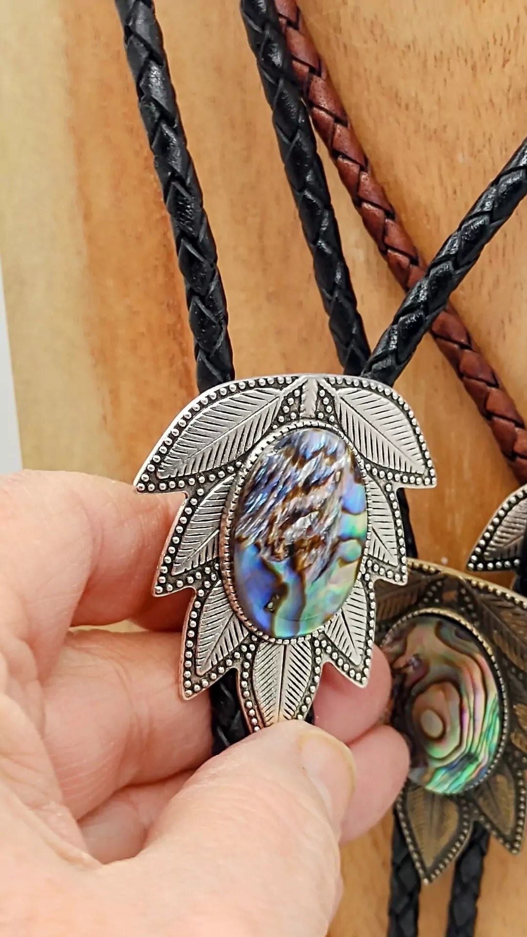 Abalone Bolo Tie in Wisteria Setting Silver or Gold - Folks On The Edge