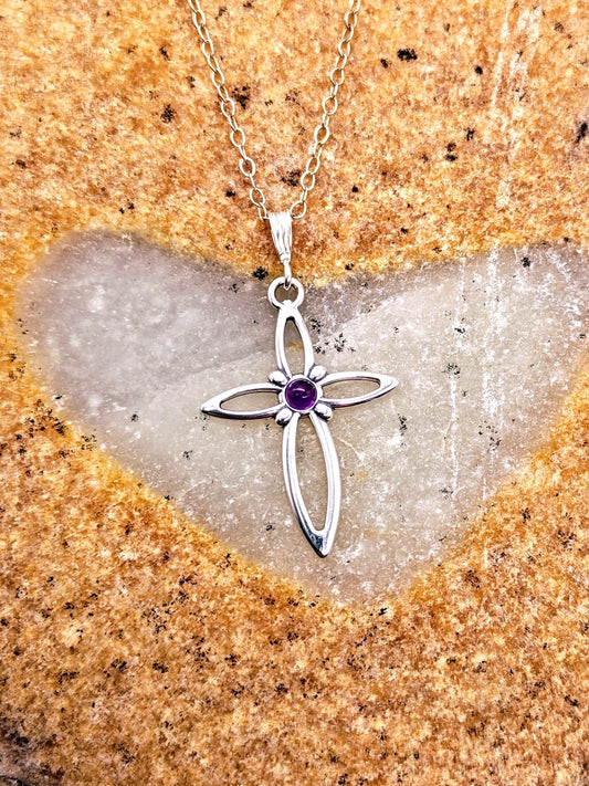 Amethyst Sterling Silver Cross Pendant Necklace with 3mm round stone - Folks On The Edge