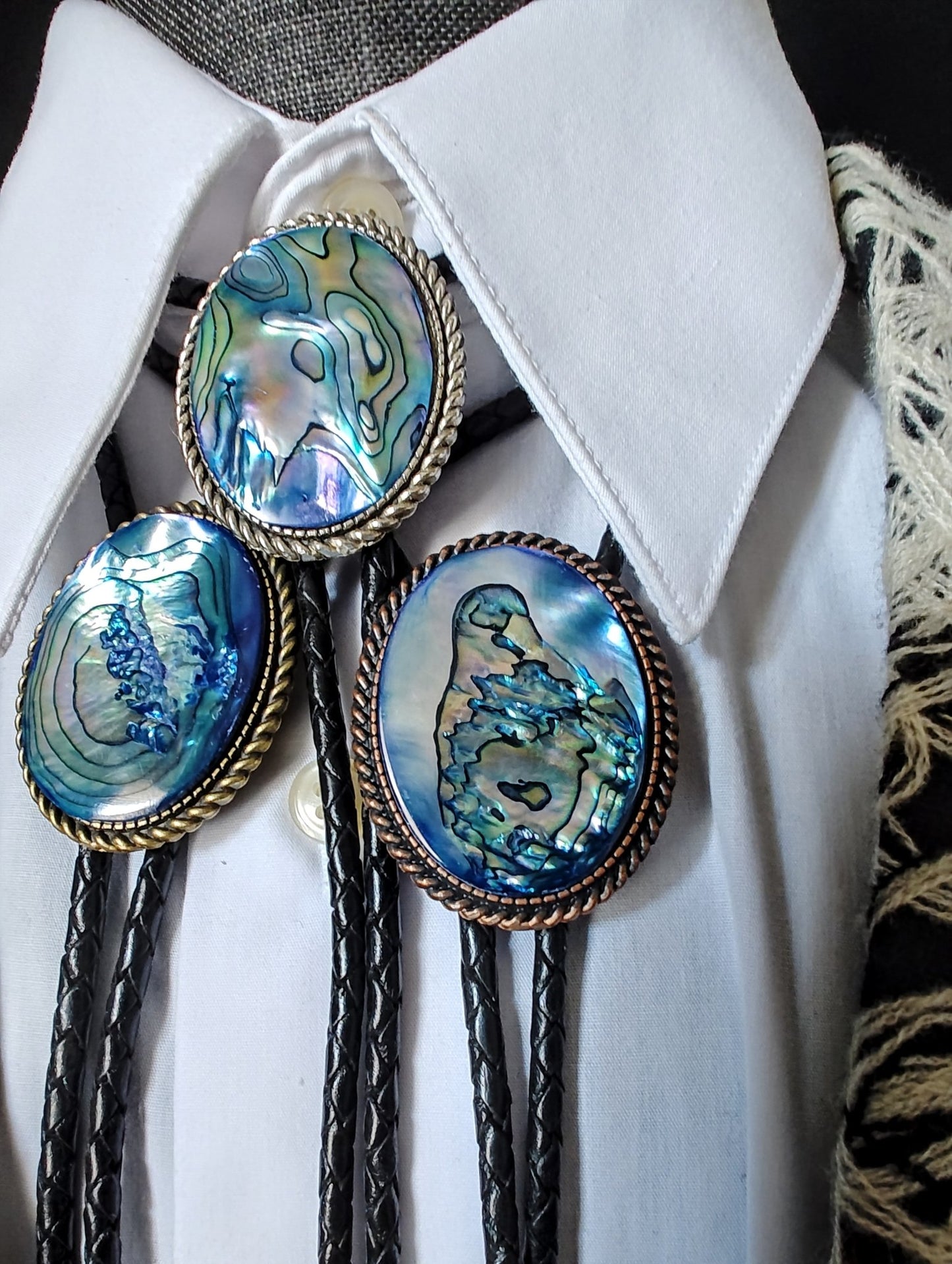 Bolo Tie with Blue Abalone in Classic Rope Twist Gold, Silver or Copper - Folks On The Edge