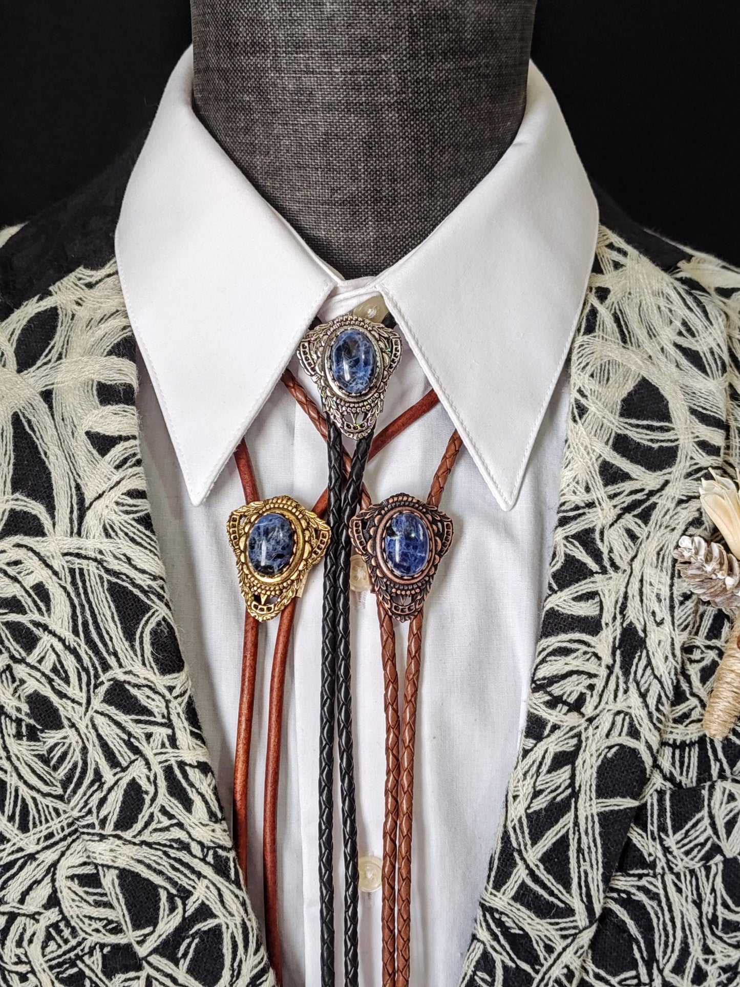 Bolo Tie with Blue Sodalite in Muldoon Gold, Silver or Copper - Folks On The Edge