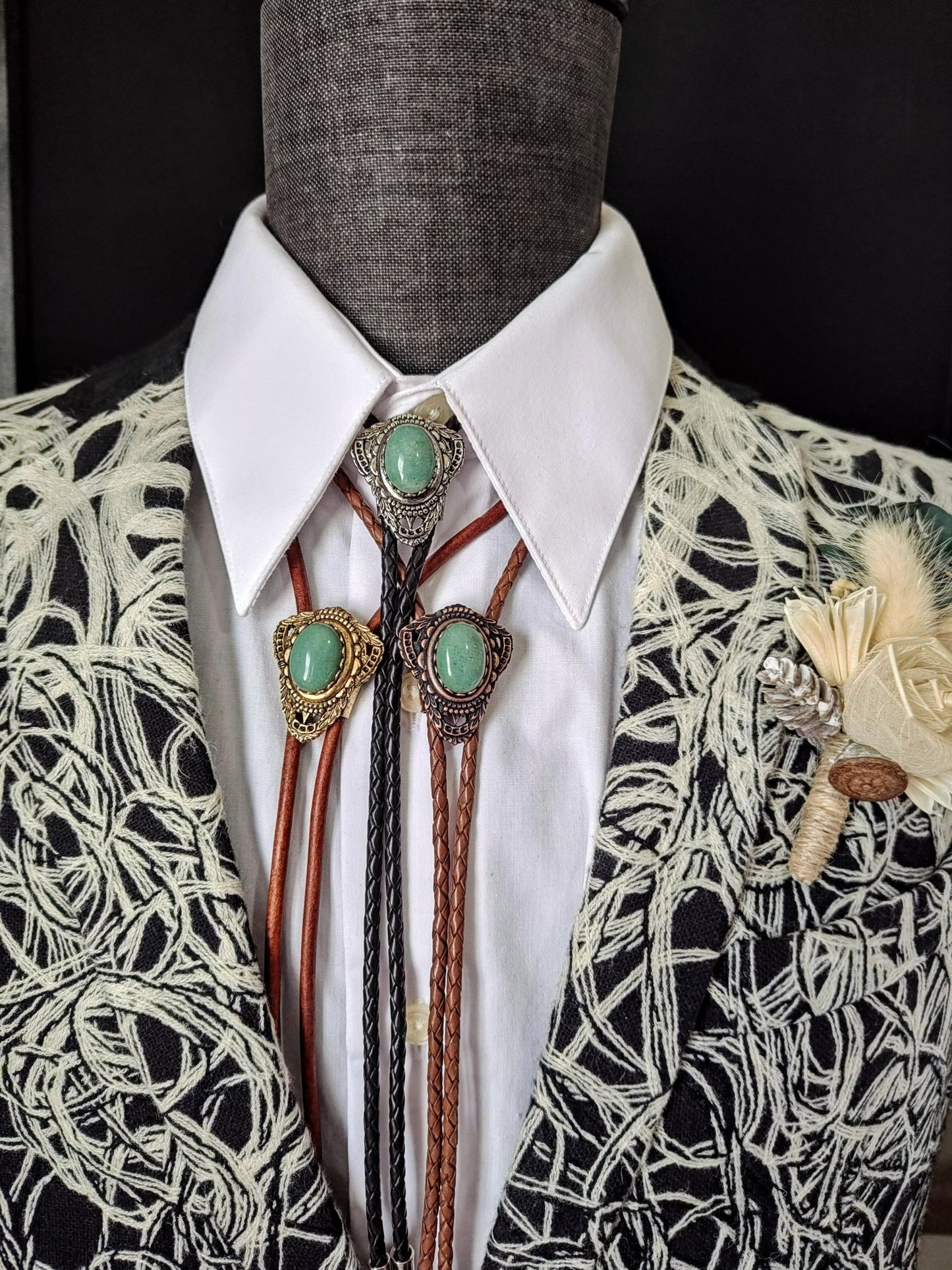 Bolo Tie with Green Aventurine in Muldoon Gold, Silver or Copper - Folks On The Edge