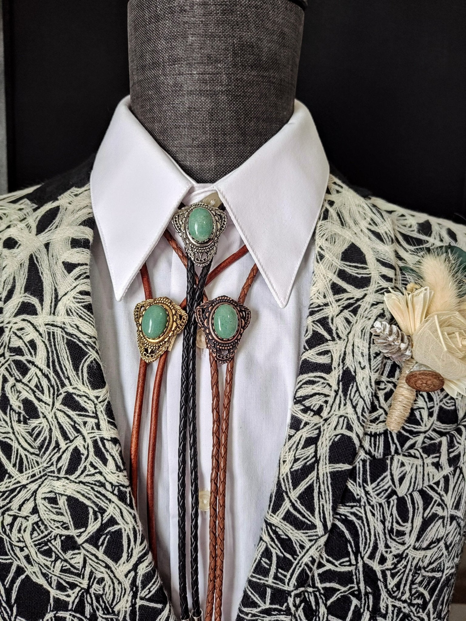 Bolo Tie with Green Aventurine in Muldoon Gold, Silver or Copper - Folks On The Edge