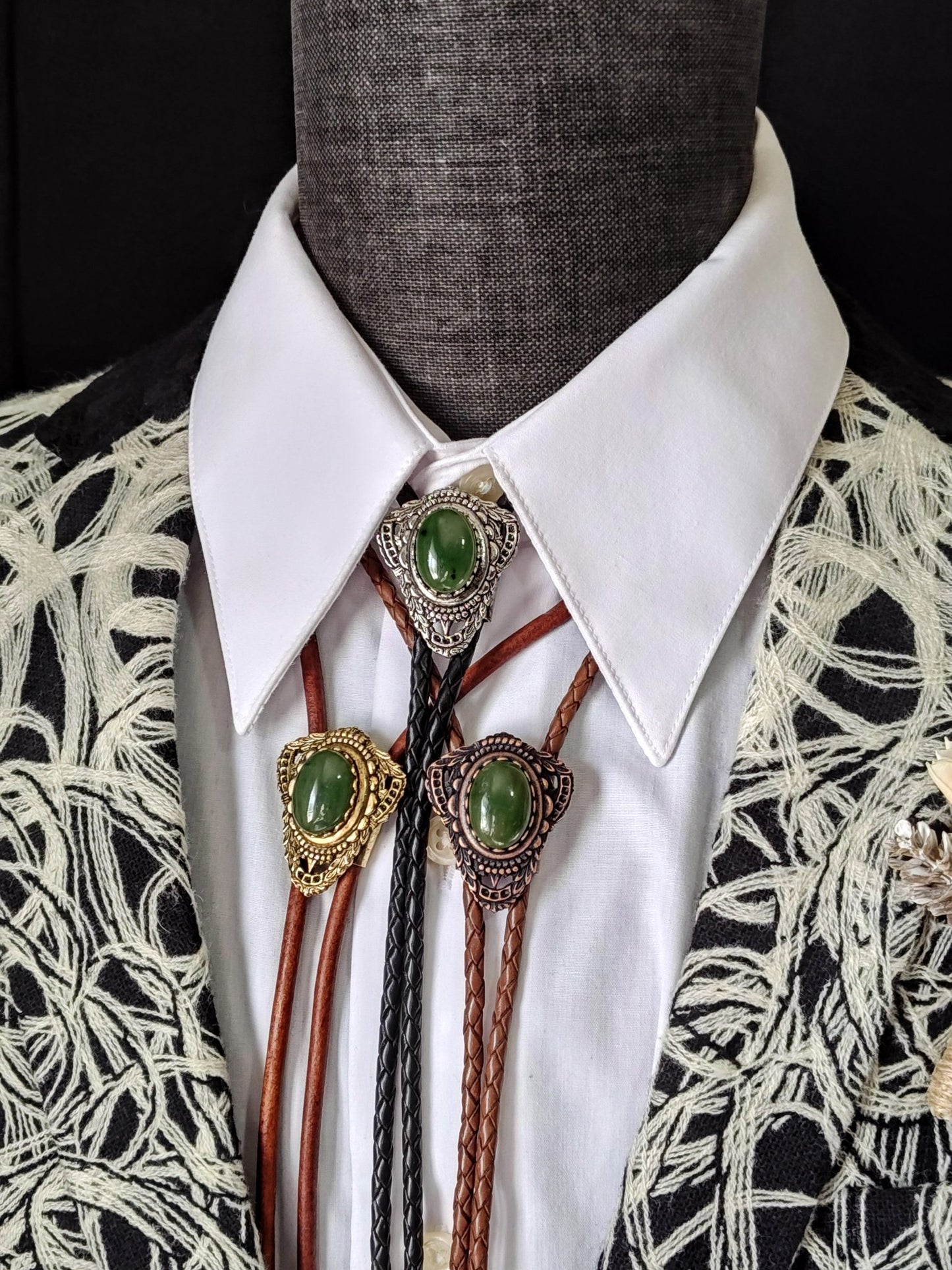 Bolo Tie with Green Moss Agate in Muldoon Gold, Silver or Copper - Folks On The Edge