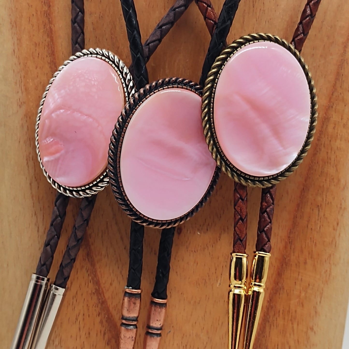 Bolo Tie with Pink Mother of Pearl in Classic Rope Twist Setting - Folks On The Edge