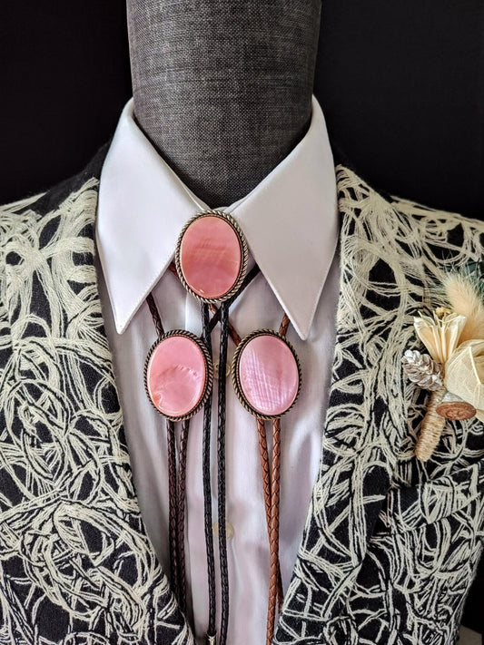 Bolo Tie with Pink Mother of Pearl in Classic Rope Twist Setting - Folks On The Edge