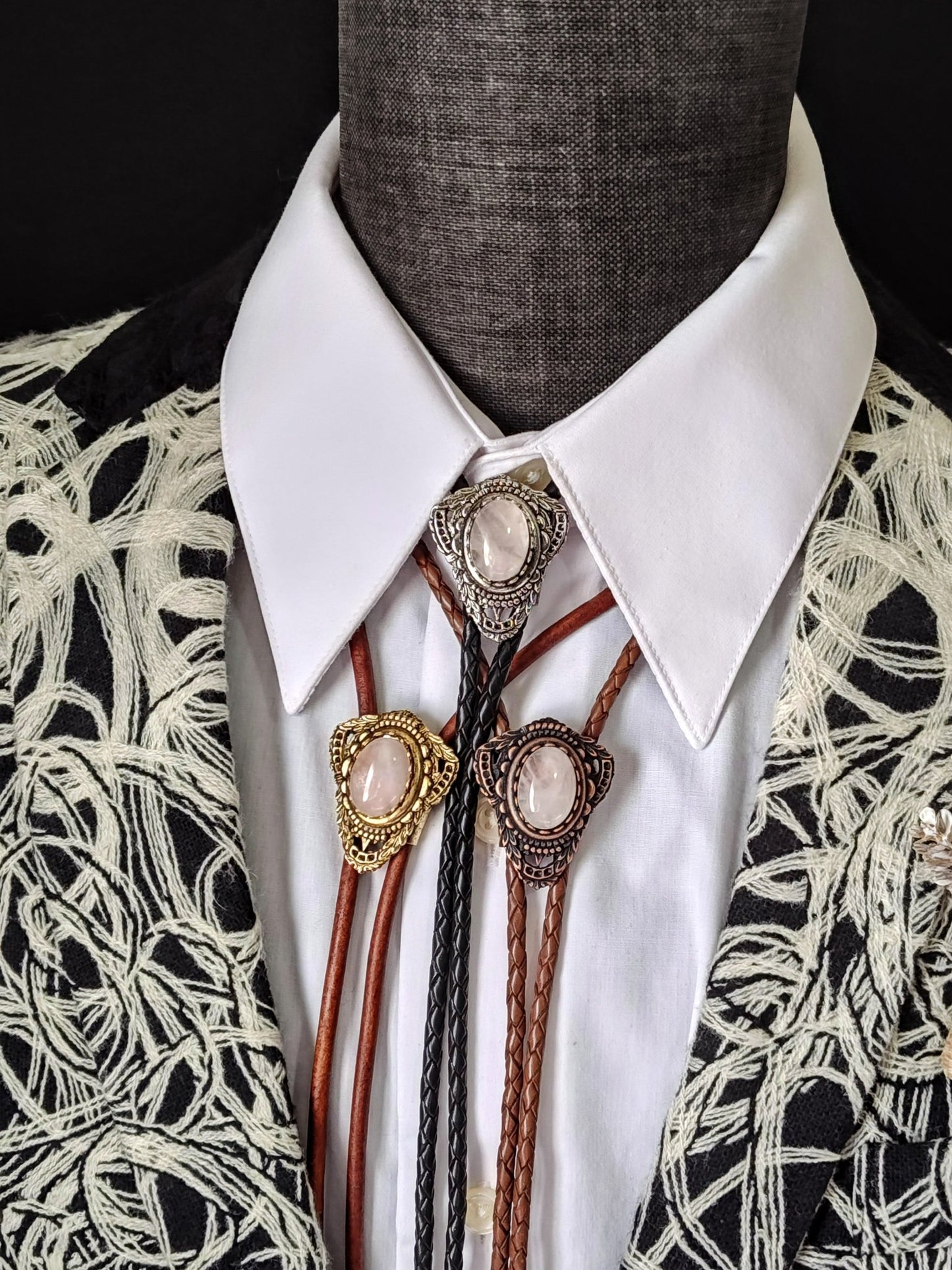 Bolo Tie with Pink Rose Quartz in Muldoon Gold, Silver or Copper - Folks On The Edge