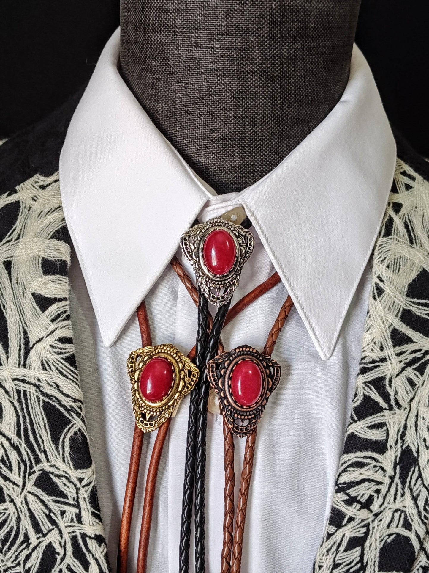 Bolo Tie with Red Quartz in Muldoon Gold, Silver or Copper - Folks On The Edge