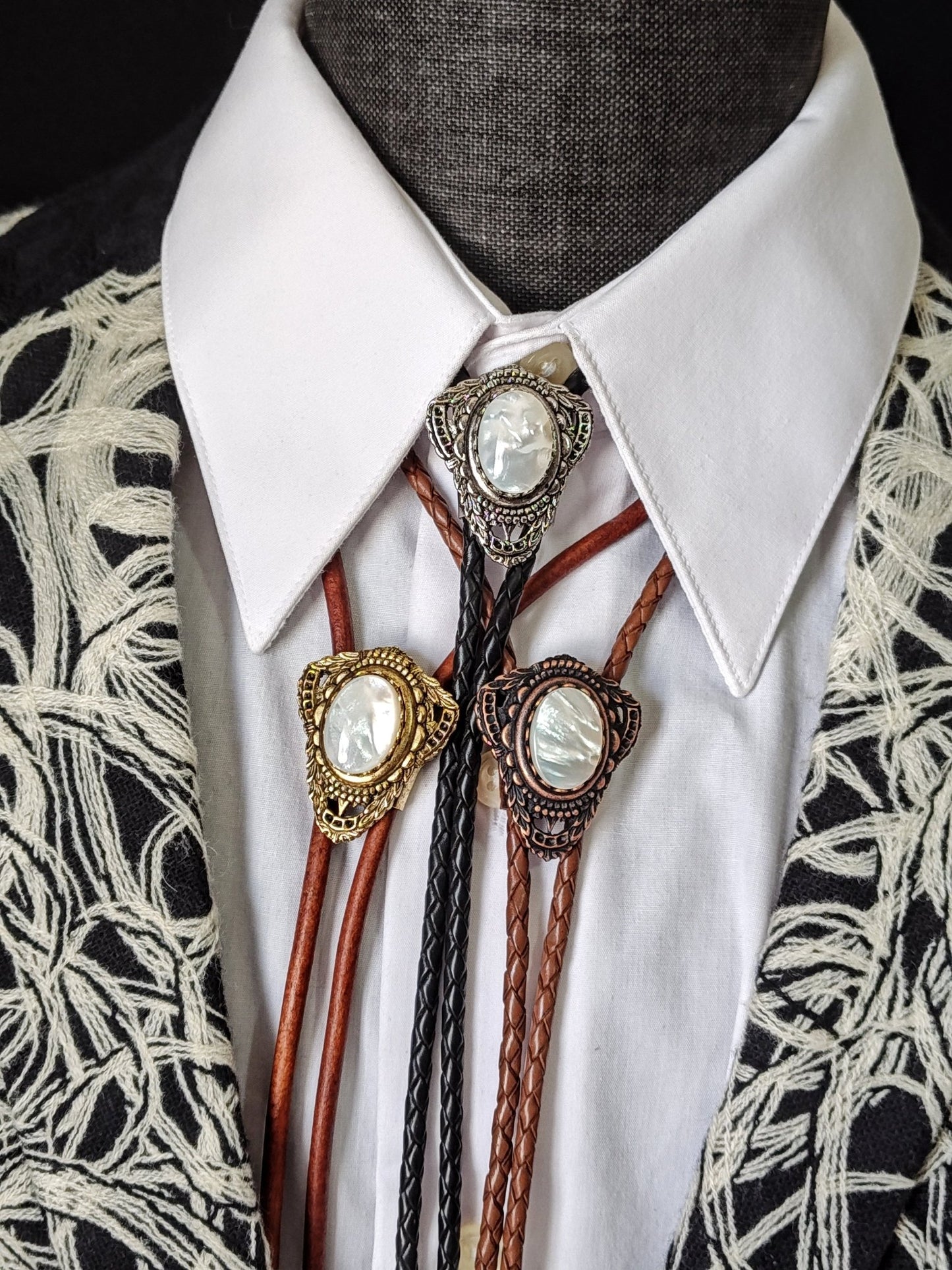 Bolo Tie with White Mother Of Pearl in Muldoon Gold, Silver or Copper - Folks On The Edge