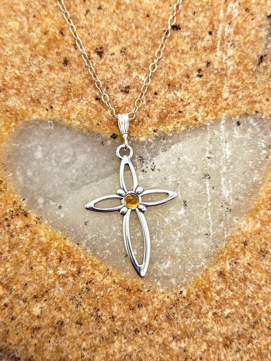 Citrine Sterling Silver Cross Pendant Necklace with 3mm round stone - Folks On The Edge