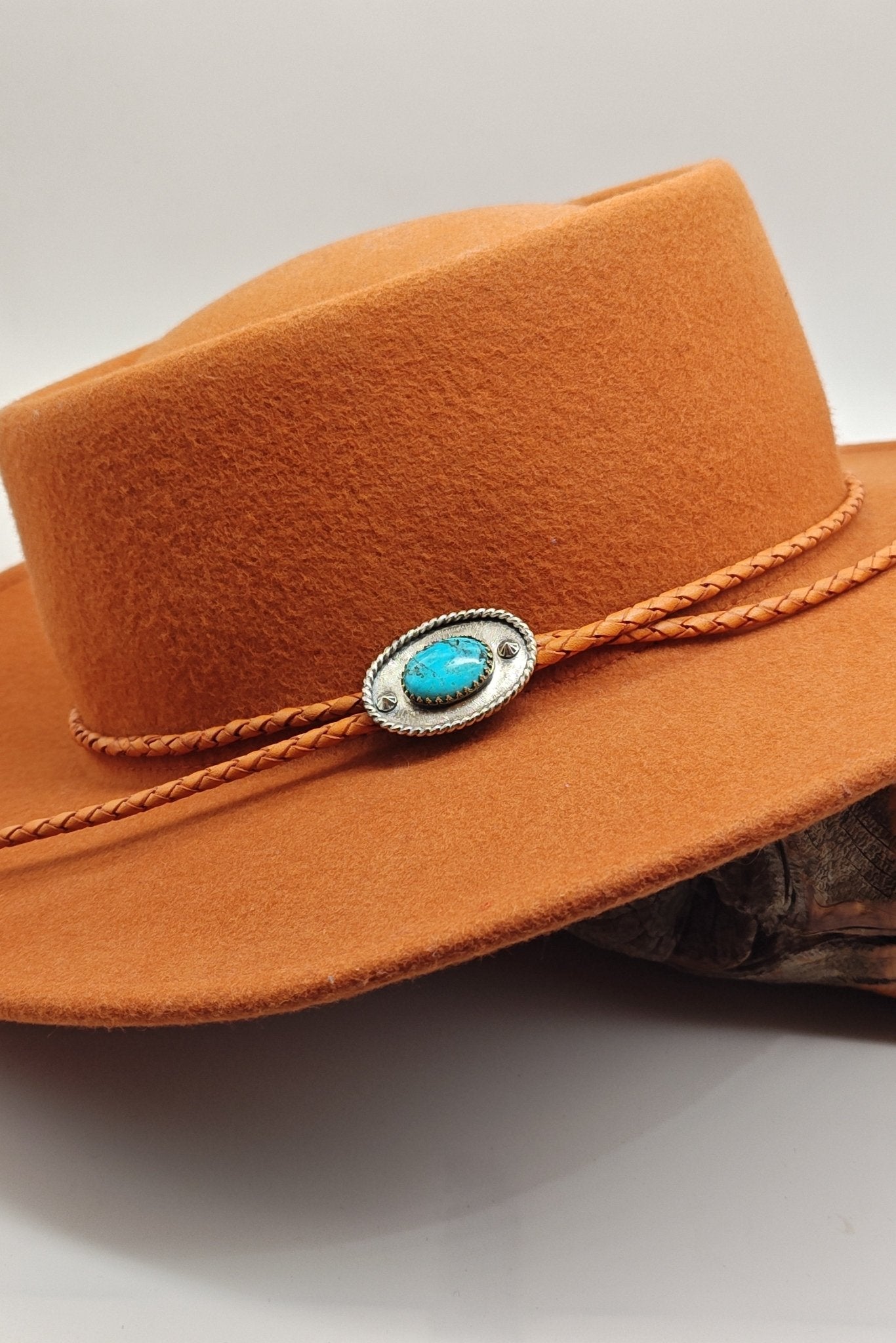 Cowboy Hat Band with Genuine Kingman Turquoise in Sterling Silver on Natural Leather Band - Folks On The Edge