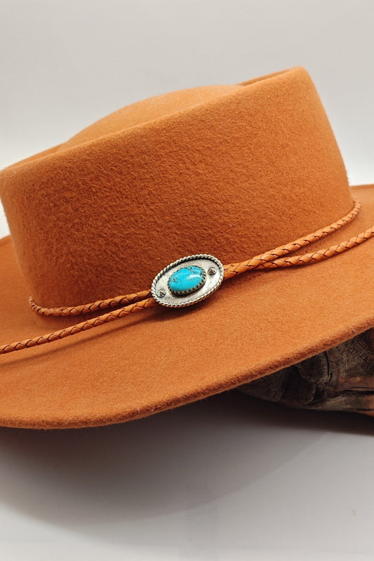 Cowboy Hat Band with Genuine Kingman Turquoise in Sterling Silver on Natural Leather Band - Folks On The Edge