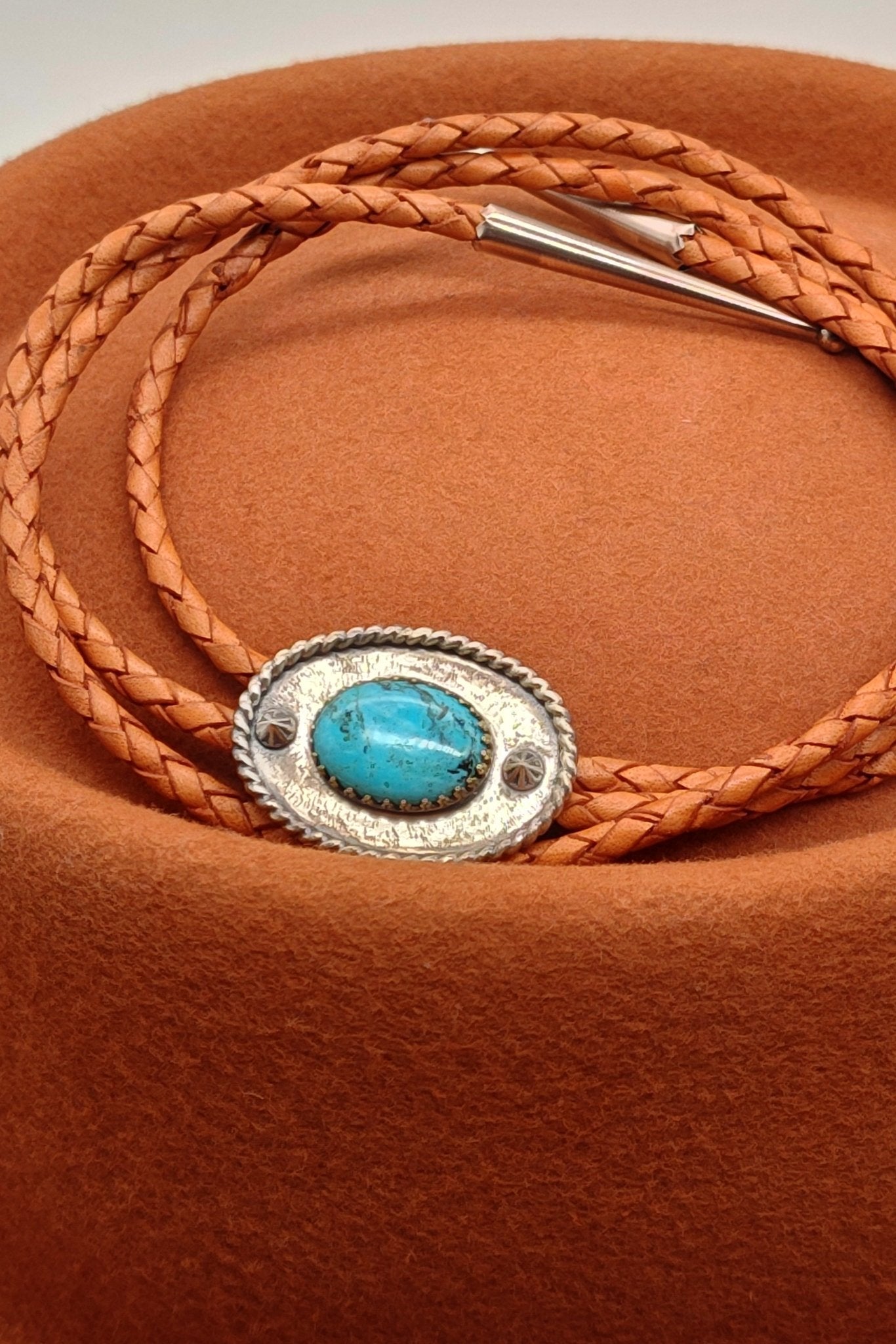 Cowboy Hat Band with Genuine Kingman Turquoise in Sterling Silver on Natural Leather Band - Folks On The Edge