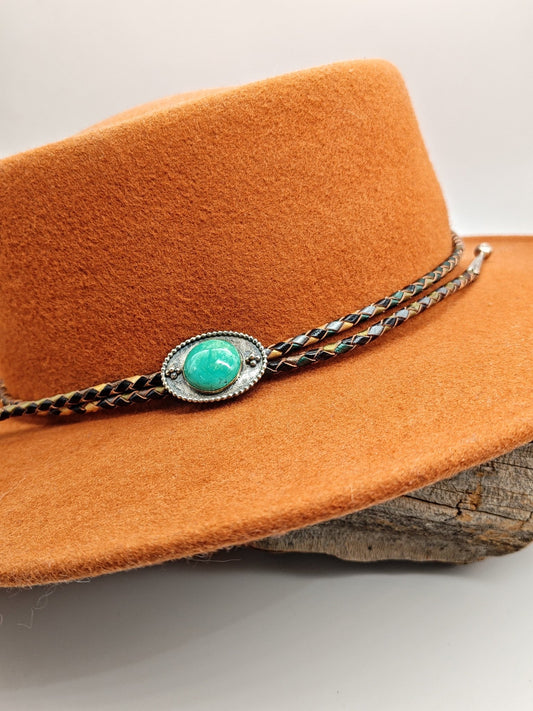 Cowboy Hat Band with Green Turquoise in Sterling Silver on Leather Band - Folks On The Edge