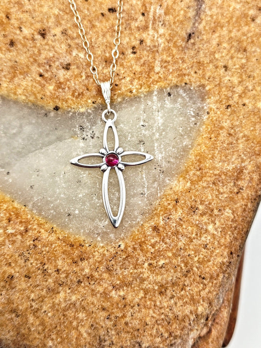 Garnet Sterling Silver Cross Pendant Necklace with 3mm round stone - Folks On The Edge