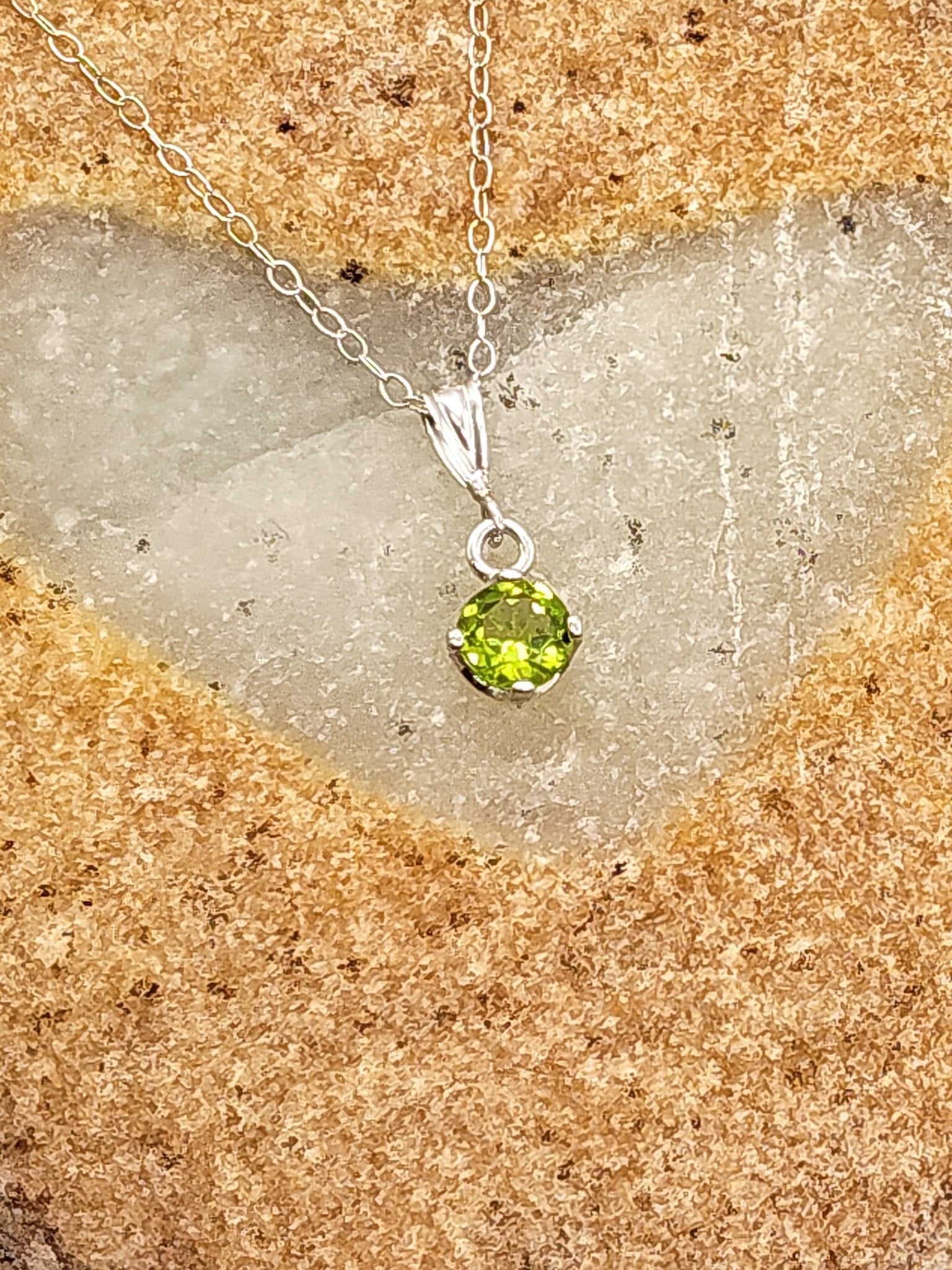 Green Peridot Sterling Silver Pendant Necklace with 6mm round stone - Folks On The Edge