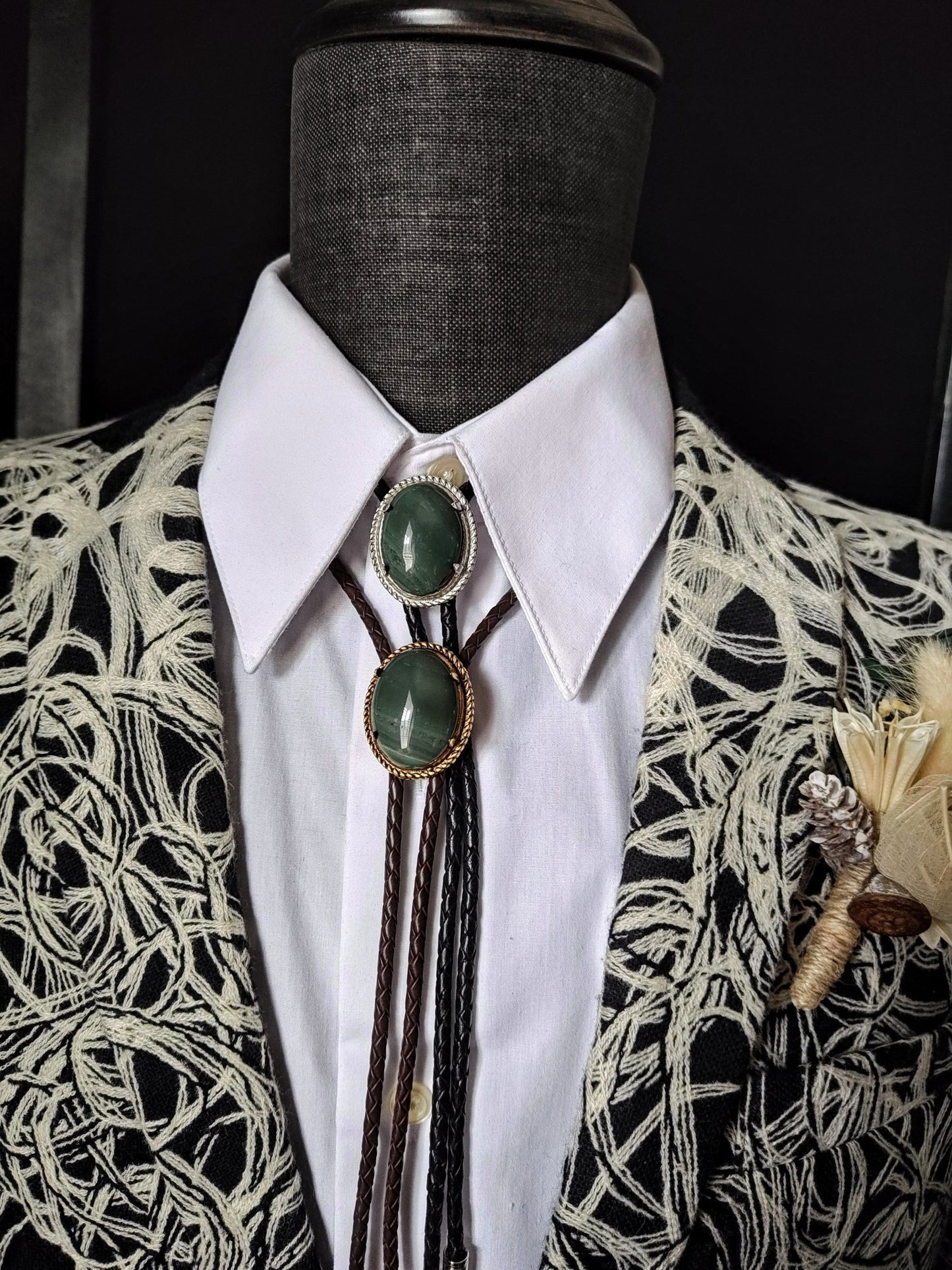Lasso Bolo Tie with Blue Gray Jasper Gold, Silver or Copper - Folks On The Edge
