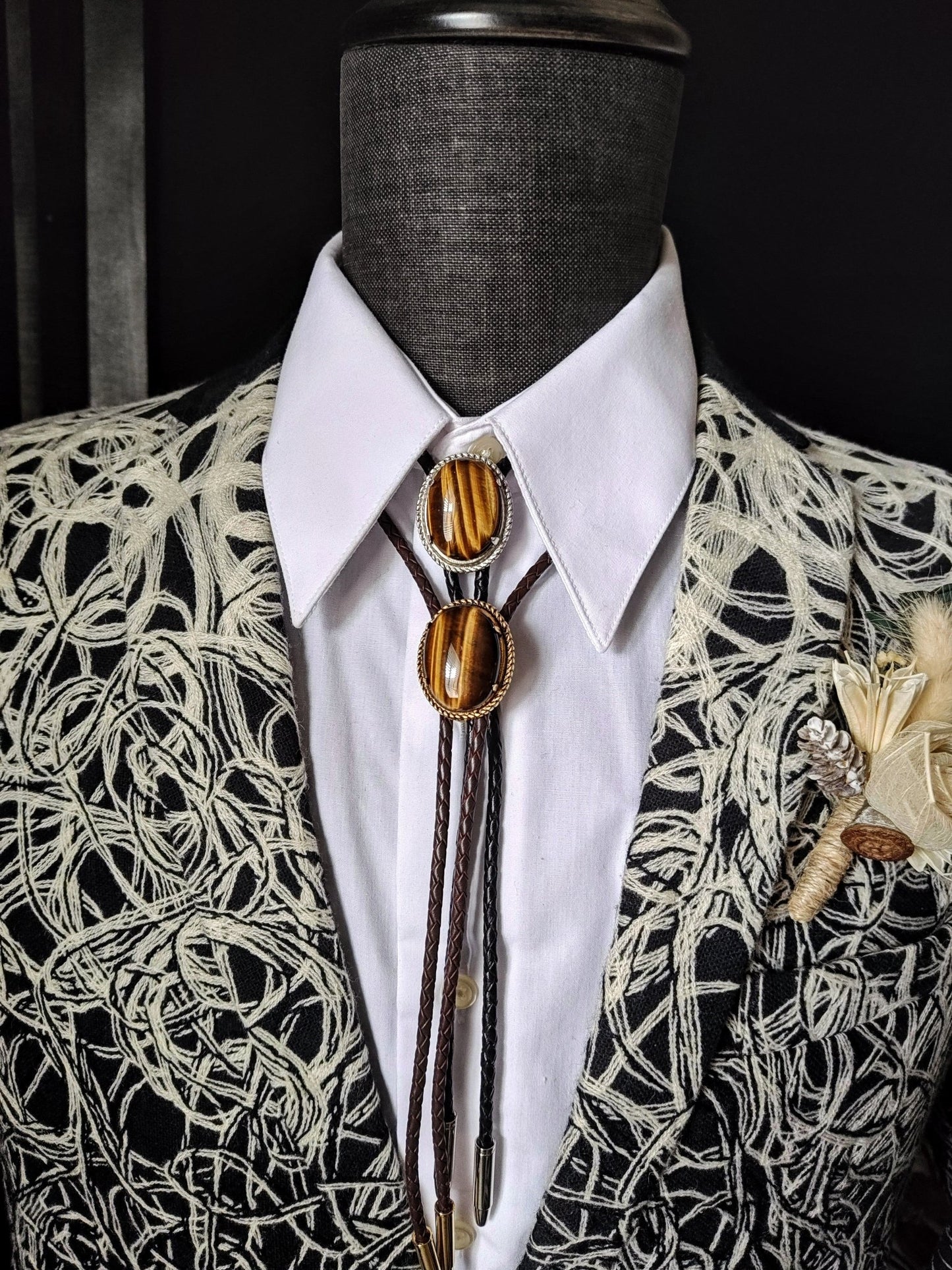 Lasso Bolo Tie with Golden Brown Tiger's Eye Jasper Gold, Silver or Copper - Folks On The Edge