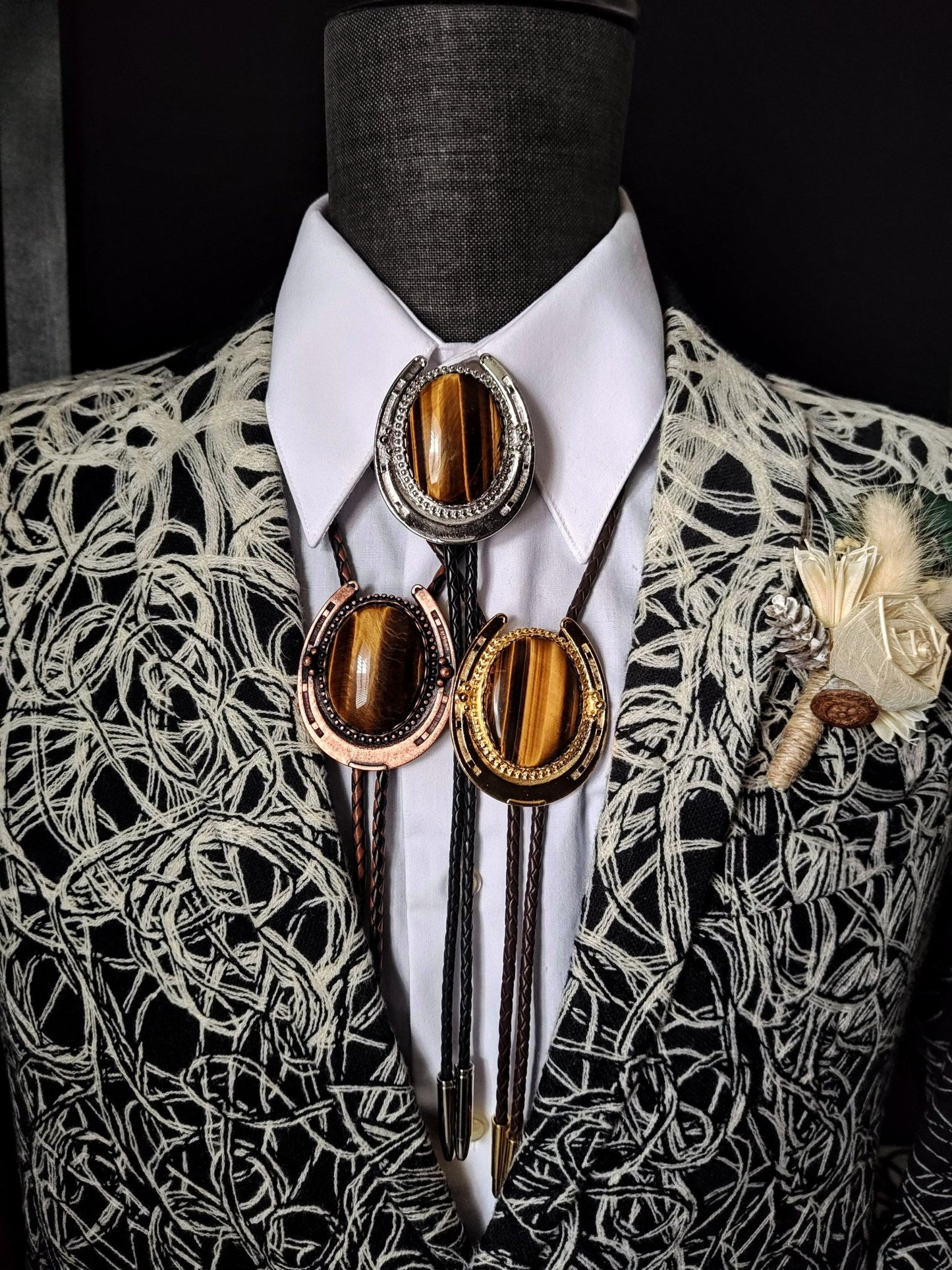 Lucky Horseshoe Bolo Tie with Brown Tiger's Eye Jasper Gold, Silver or Copper - Folks On The Edge