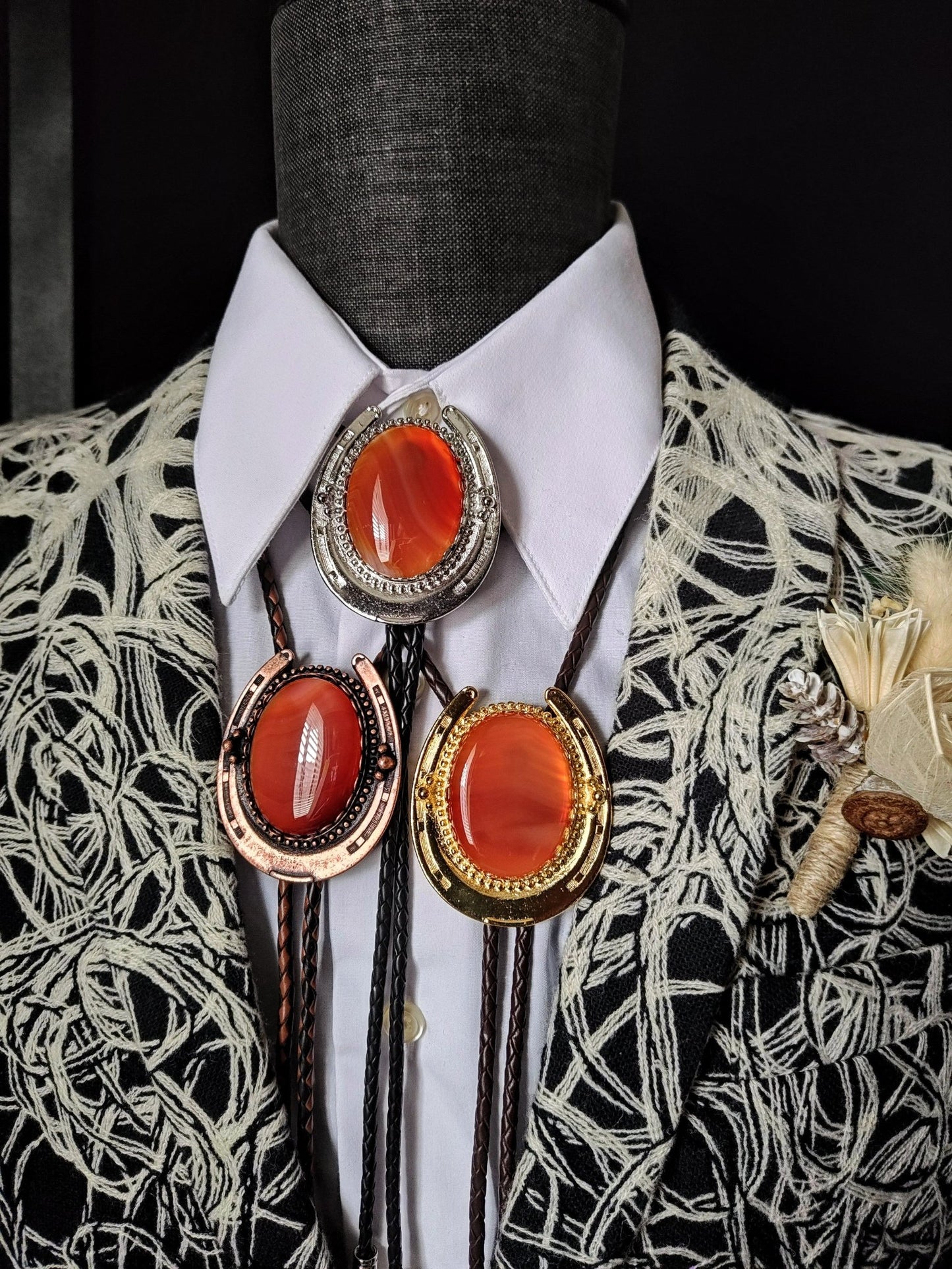 Lucky Horseshoe Bolo Tie with Red Orange Carnelian Agate in Gold, Silver or Copper - Folks On The Edge