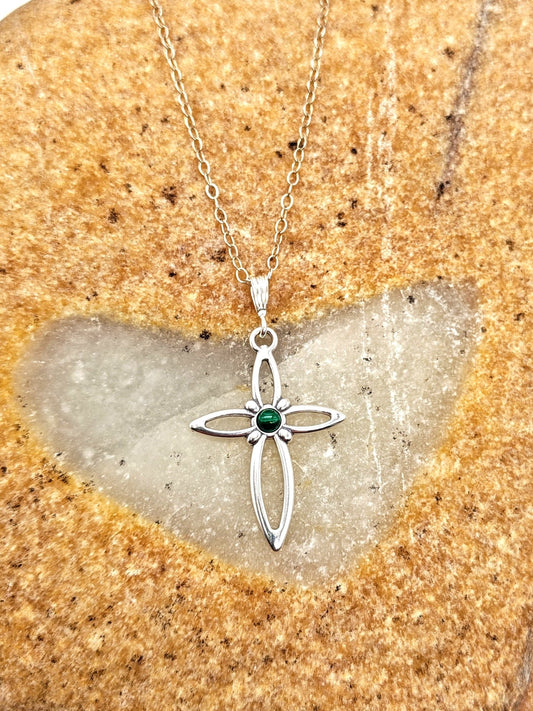 Malachite Sterling Silver Cross Pendant Necklace with 3mm round stone - Folks On The Edge