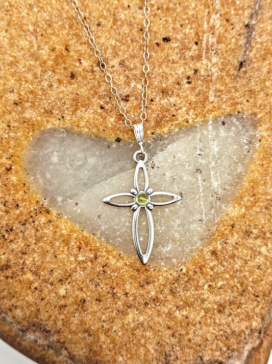 Peridot Sterling Silver Cross Pendant Necklace with 3mm round stone - Folks On The Edge