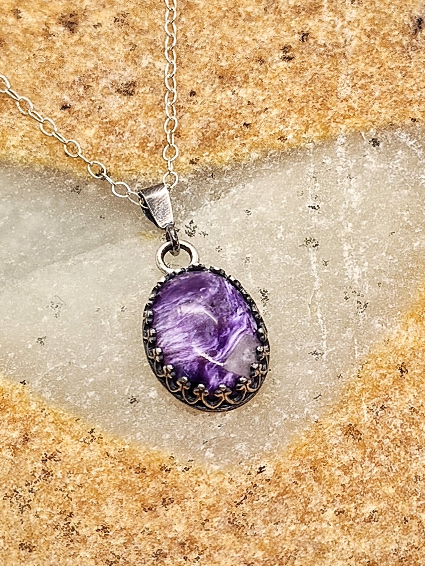 Purple Charoite Sterling Silver Gallery Pendant Necklace 10x14mm - Folks On The Edge
