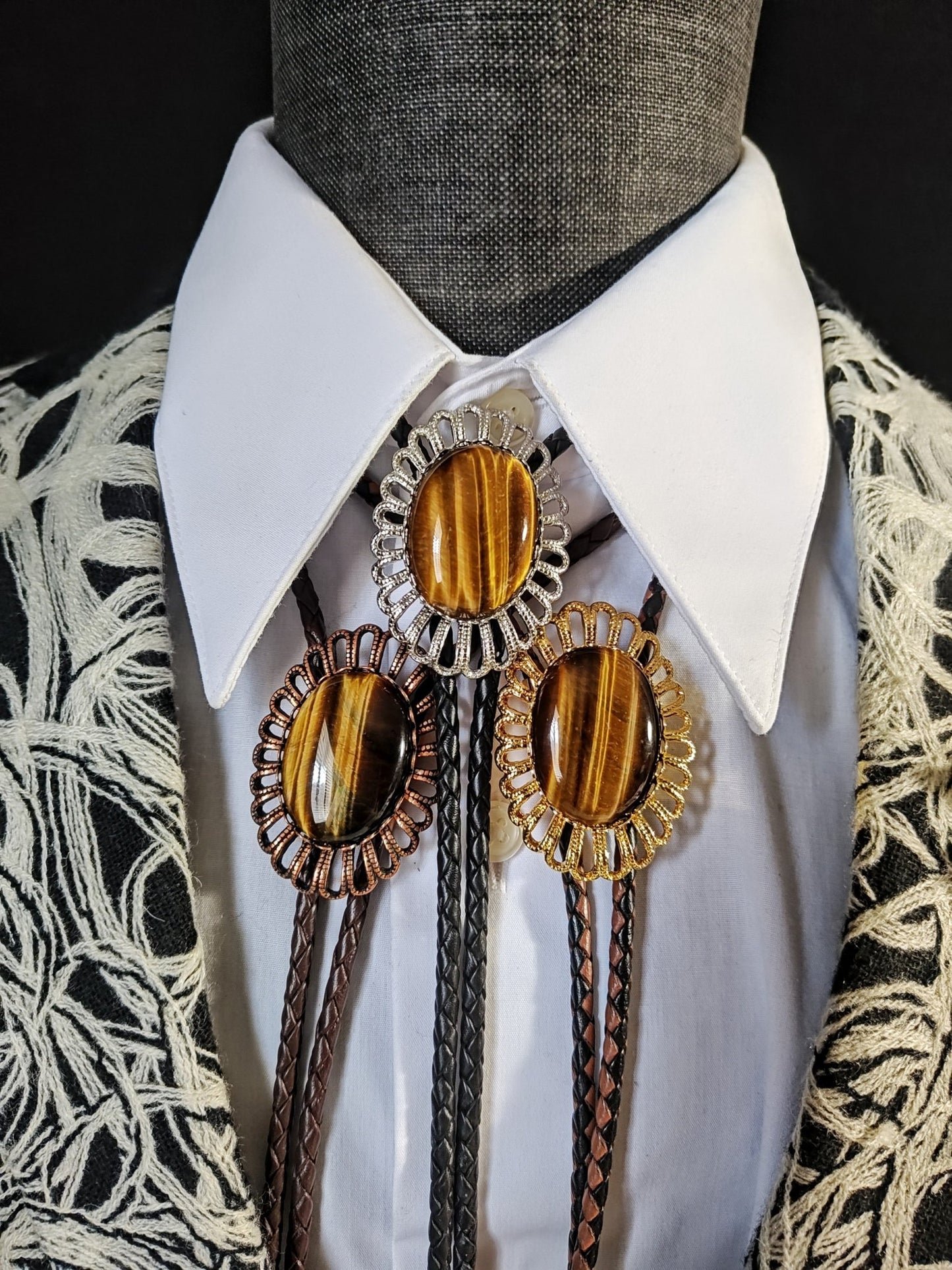 Regal Bolo Tie with Golden Brown Tiger's Eye Jasper Gold, Silver or Copper - Folks On The Edge