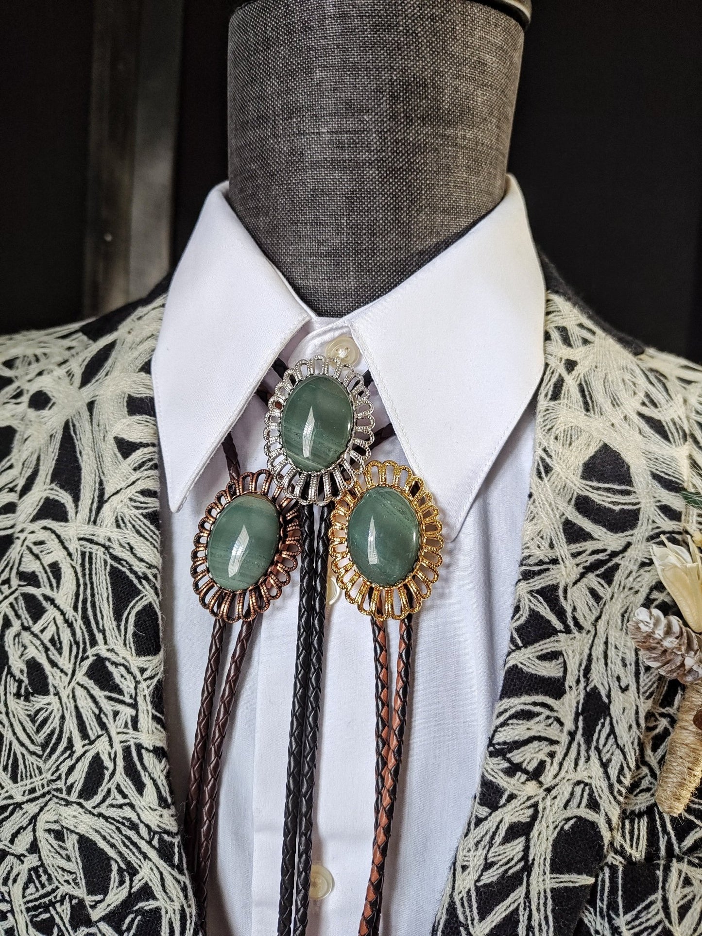 Regal Bolo Tie with Gray Blue Jasper Gold, Silver or Copper - Folks On The Edge