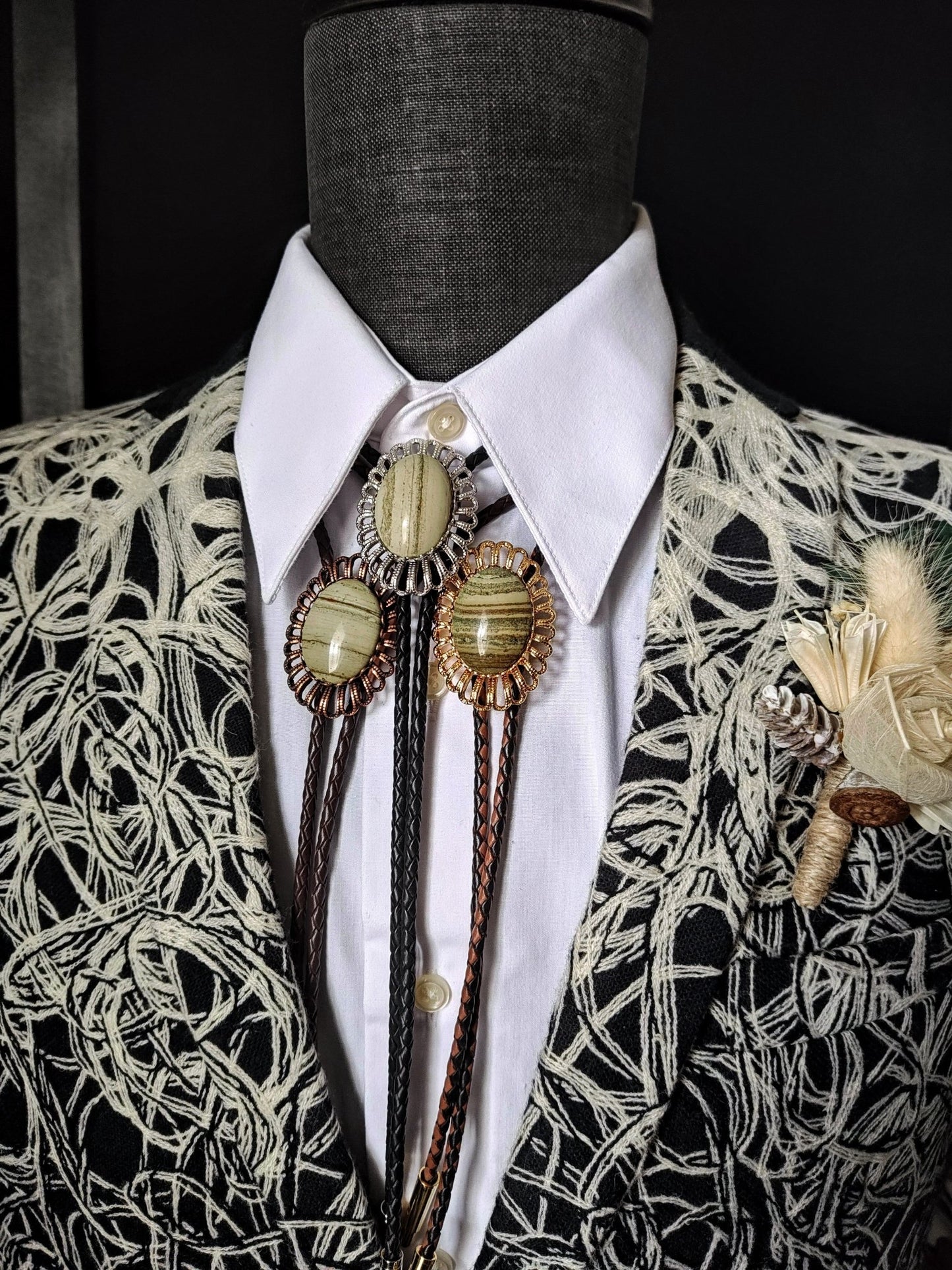 Regal Bolo Tie with Tan Jasper Gold, Silver or Copper - Folks On The Edge