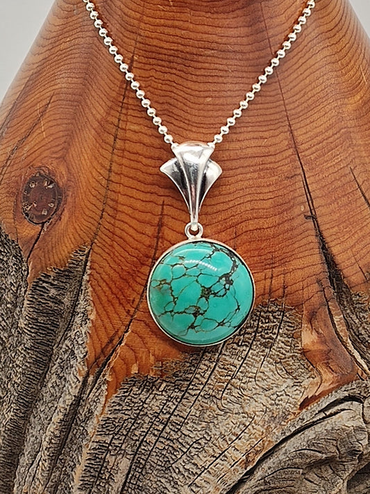 Round Turquoise Sterling Silver Necklace Pendant 16mm Stone - Folks On The Edge