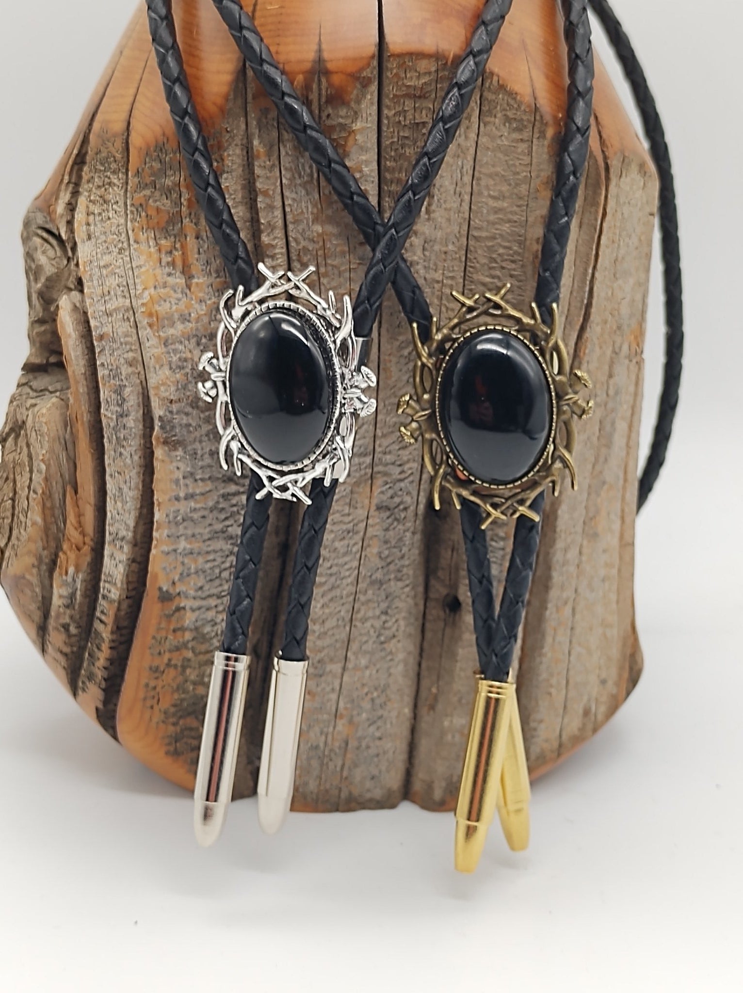 Handmade onyx, silver, and store leather bolo tie