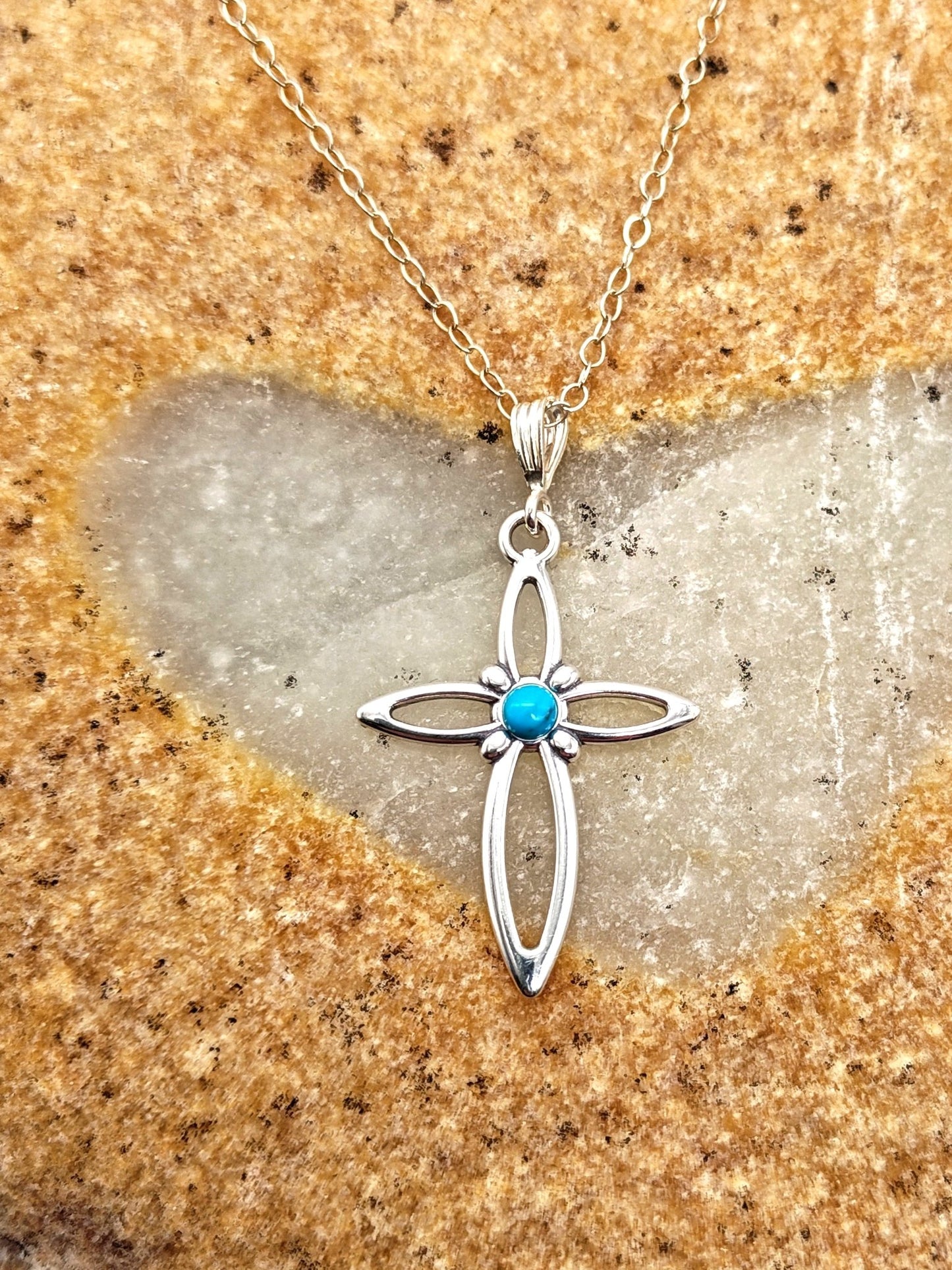 Turquoise Sterling Silver Cross Pendant Necklace with 3mm round stone - Folks On The Edge