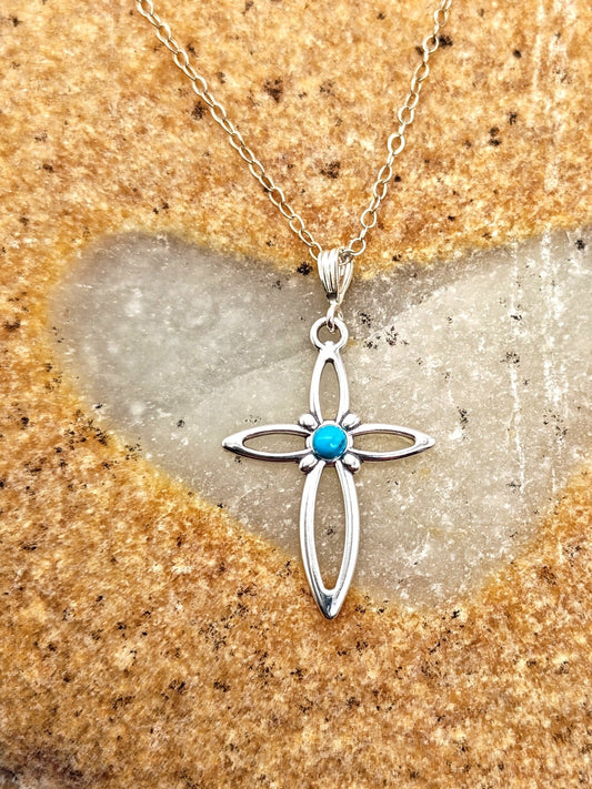 Turquoise Sterling Silver Cross Pendant Necklace with 3mm round stone - Folks On The Edge