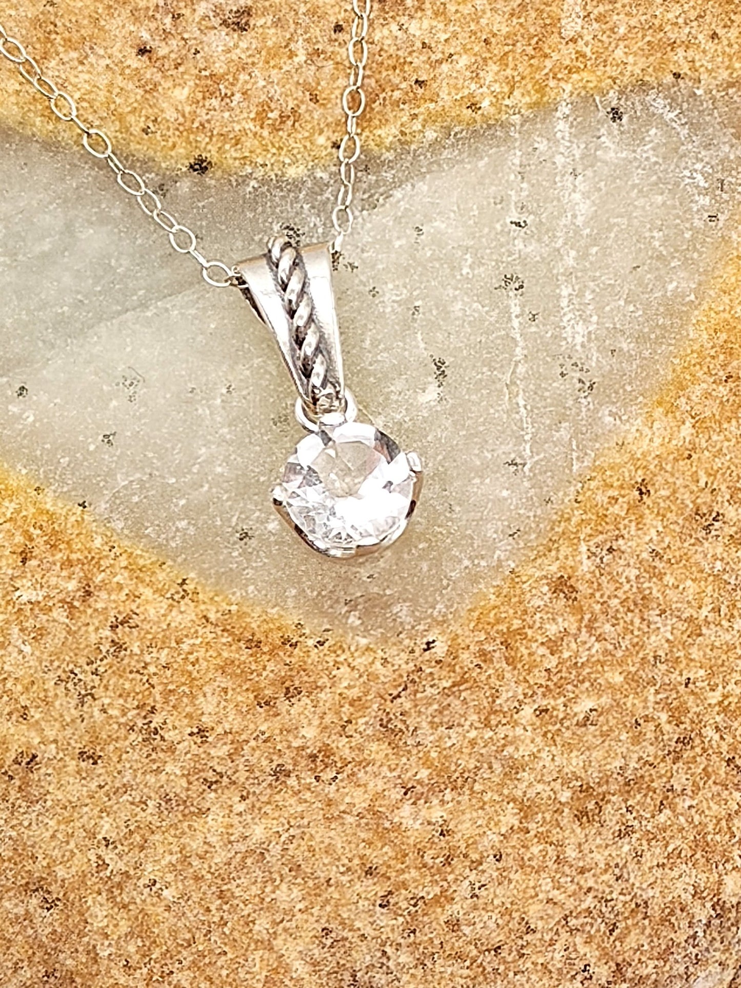 White Topaz Sterling Silver Pendant Necklace in Grace Setting 8mm - Folks On The Edge