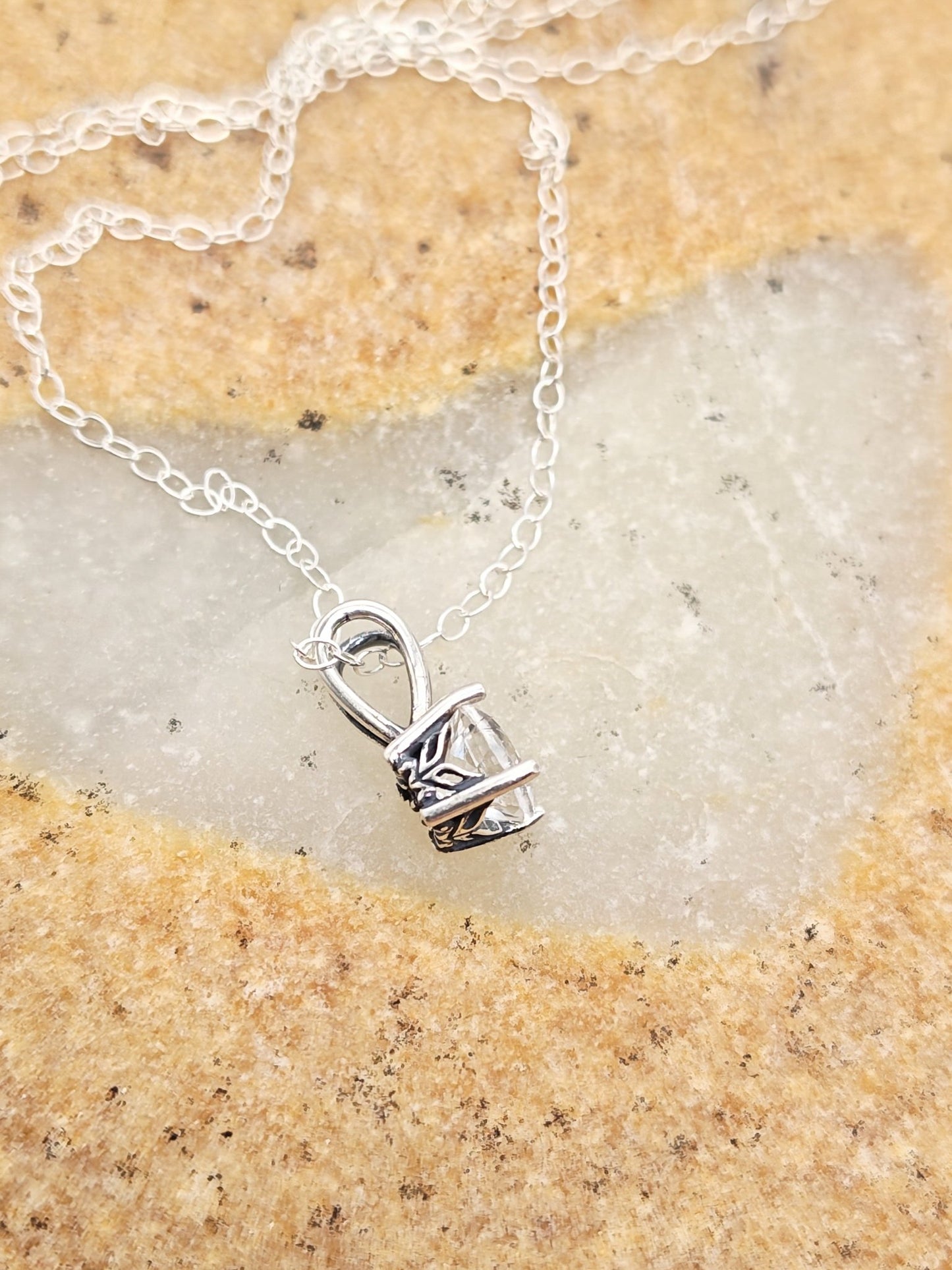 White Topaz Sterling Silver Pendant Necklace in Misko Setting 6mm - Folks On The Edge