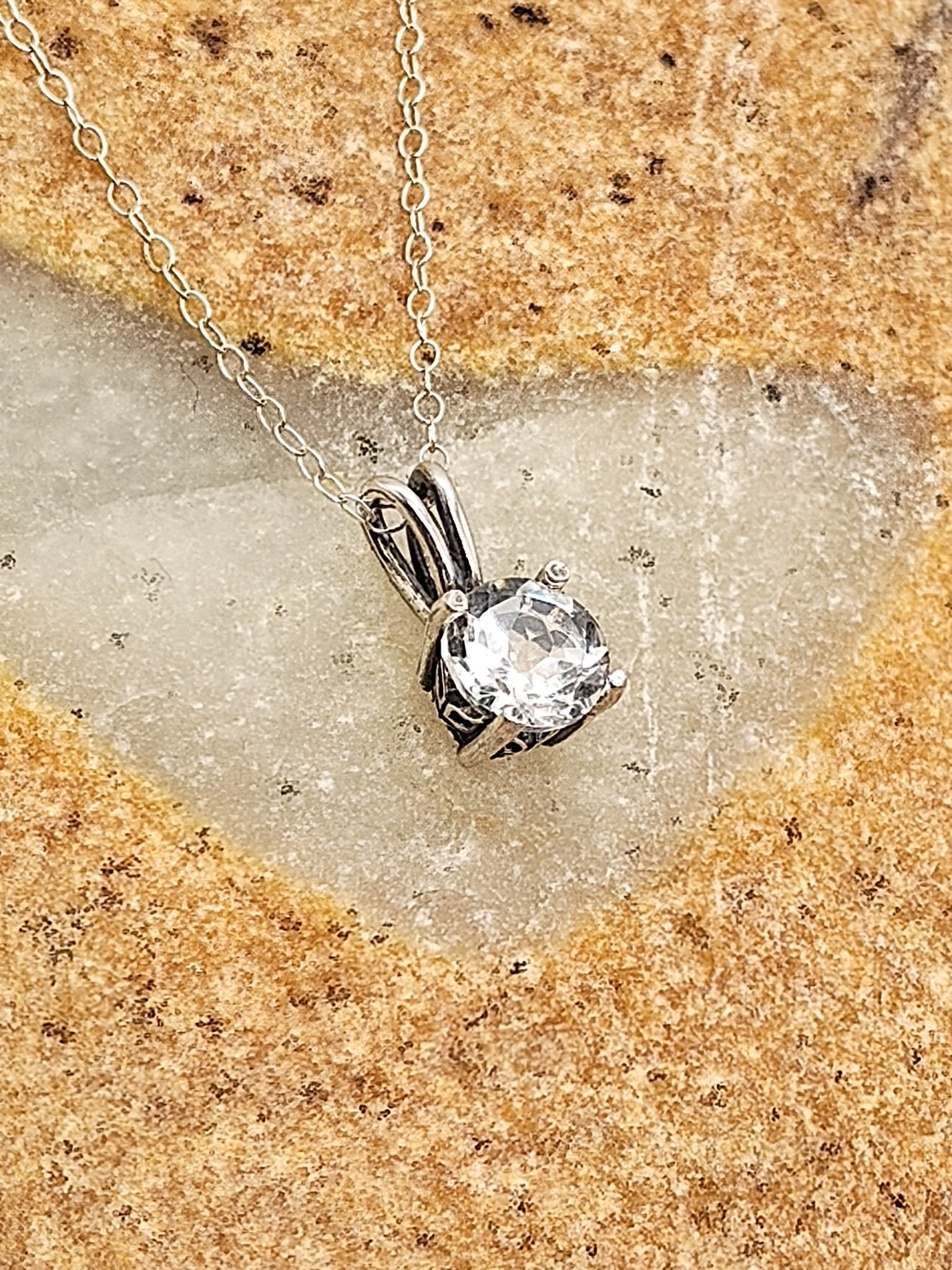White Topaz Sterling Silver Pendant Necklace in Misko Setting 8mm - Folks On The Edge