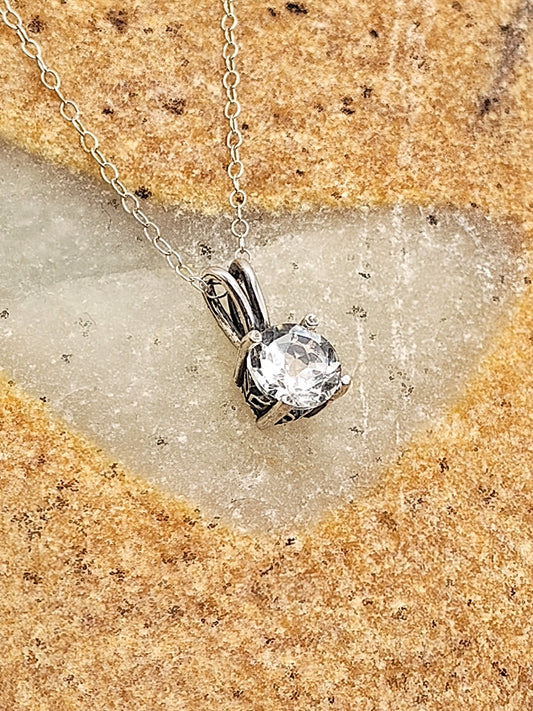 White Topaz Sterling Silver Pendant Necklace in Misko Setting 8mm - Folks On The Edge