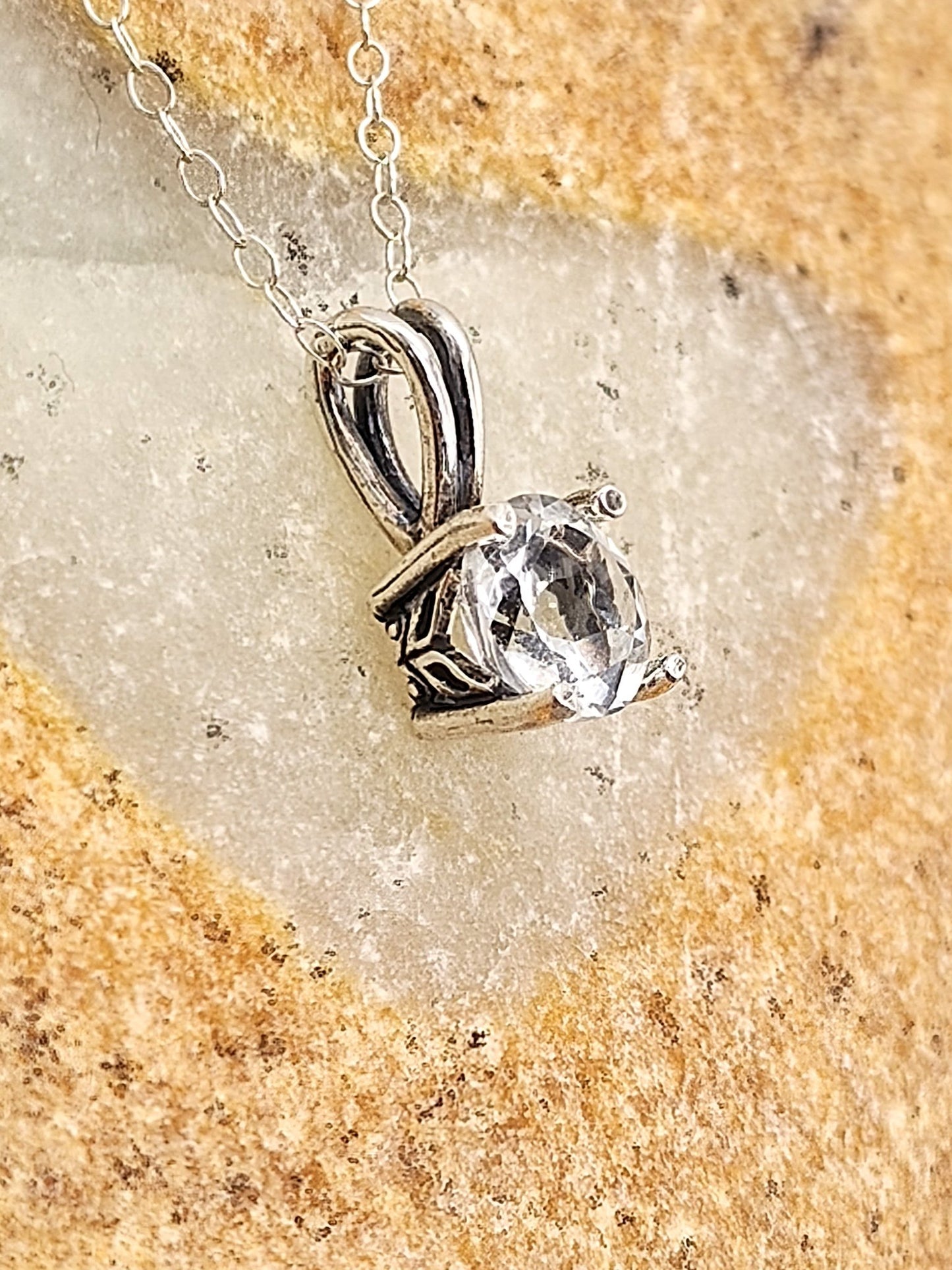 White Topaz Sterling Silver Pendant Necklace in Misko Setting 8mm - Folks On The Edge