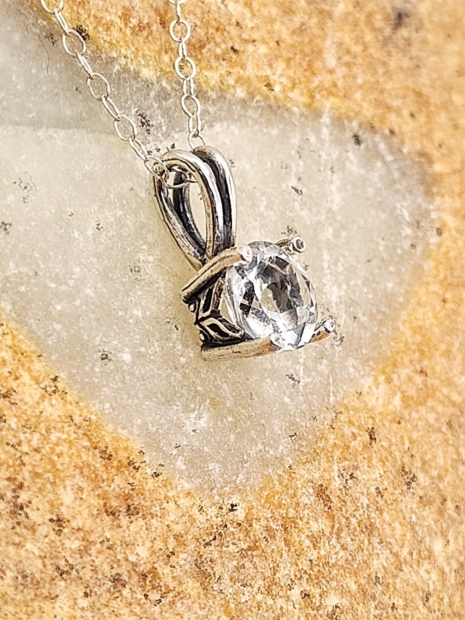 White Topaz Sterling Silver Pendant Necklace in Misko Setting 8mm - Folks On The Edge