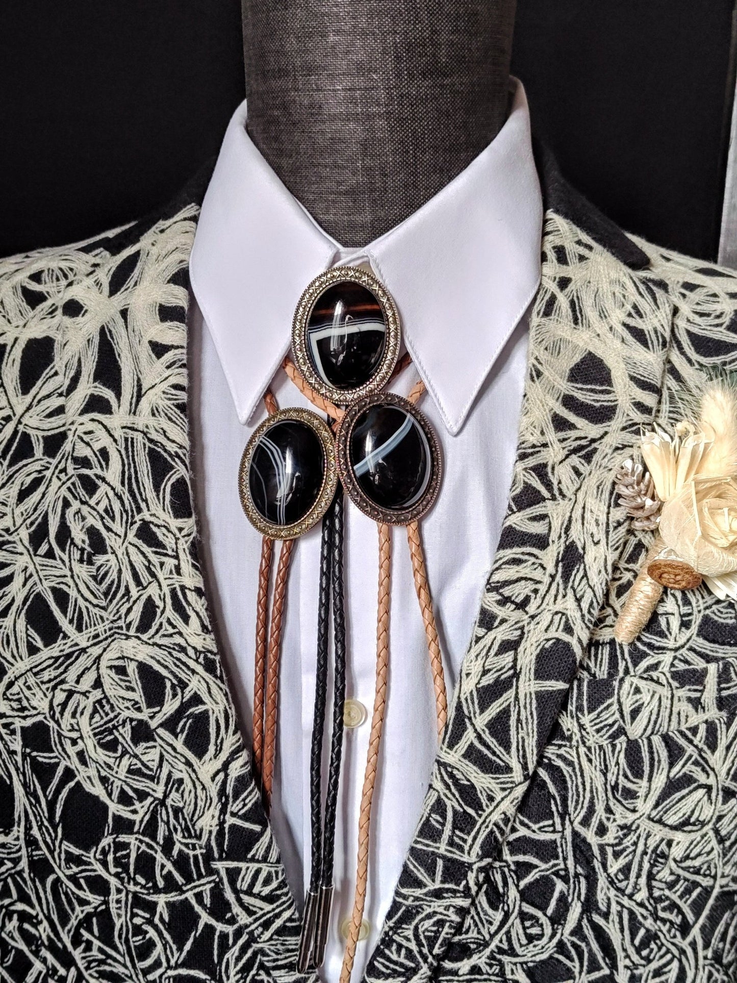 Yellowstone Bolo Tie with Black Banded Agate Stone in Gold, Silver or Copper Setting - Folks On The Edge