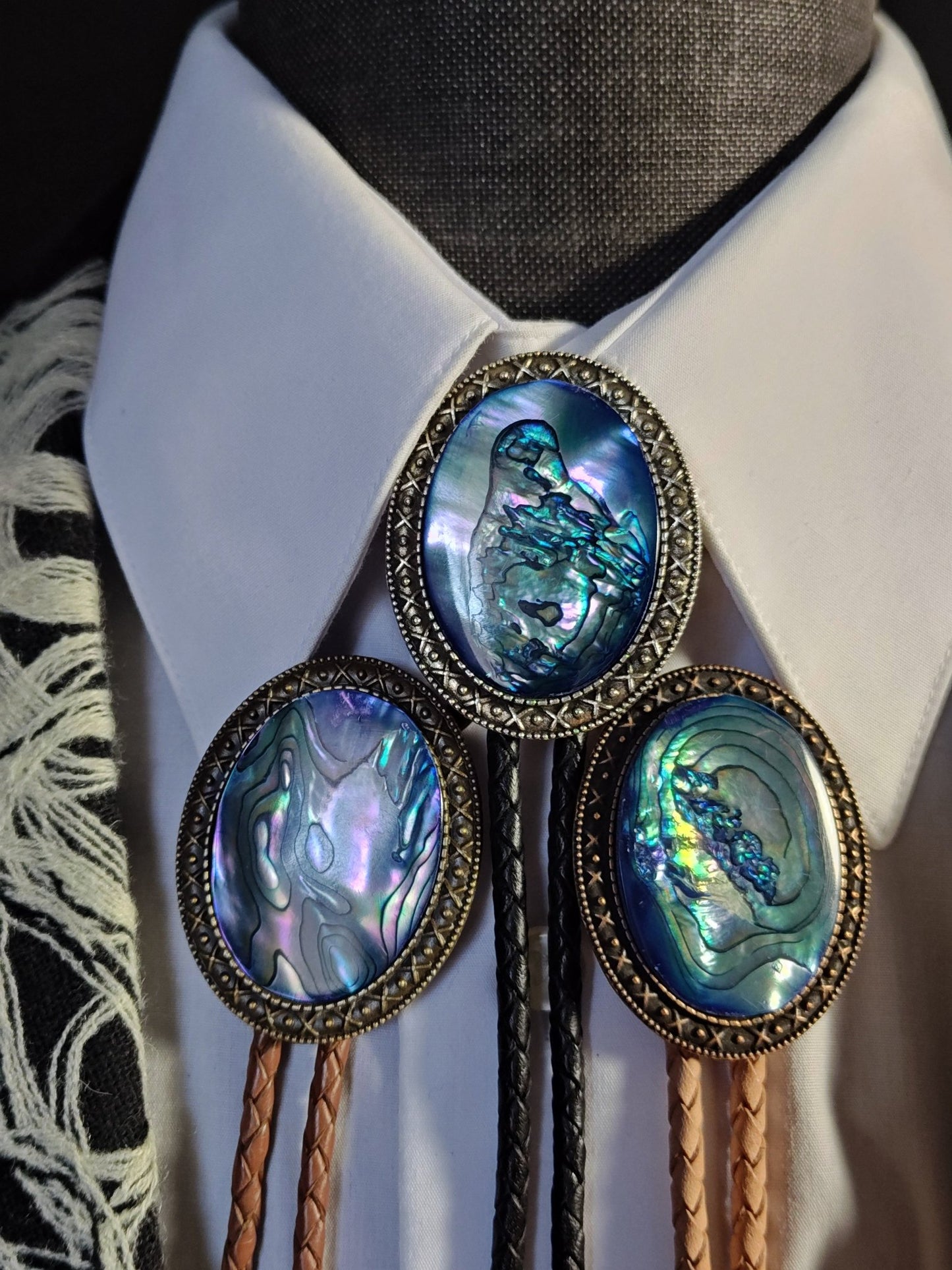 Yellowstone Bolo Tie with Blue Abalone Cabochons in Gold, Silver or Copper - Folks On The Edge