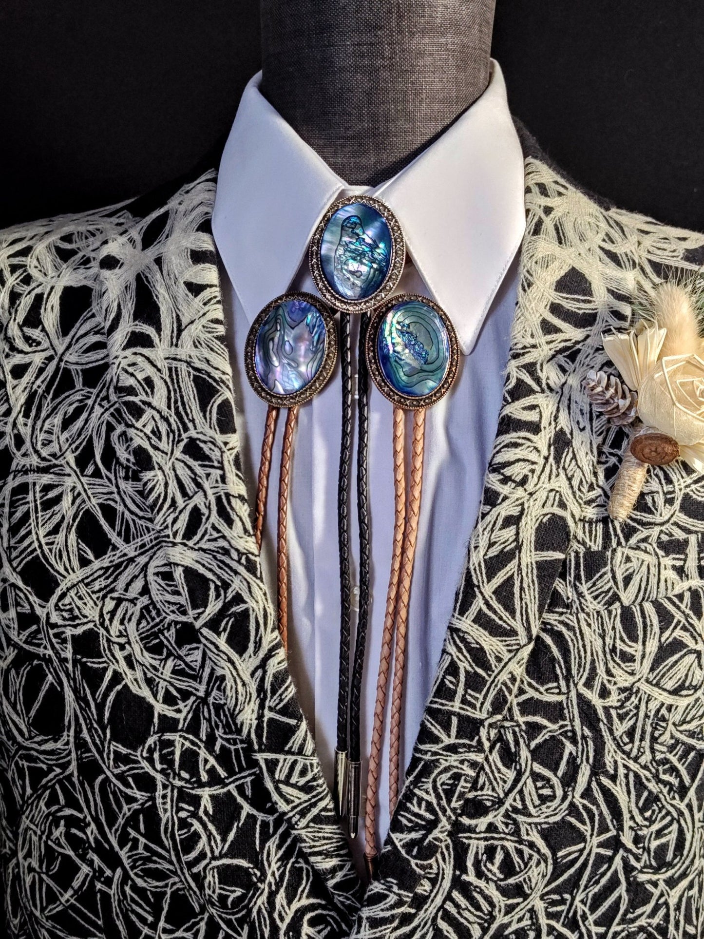 Yellowstone Bolo Tie with Blue Abalone Cabochons in Gold, Silver or Copper - Folks On The Edge
