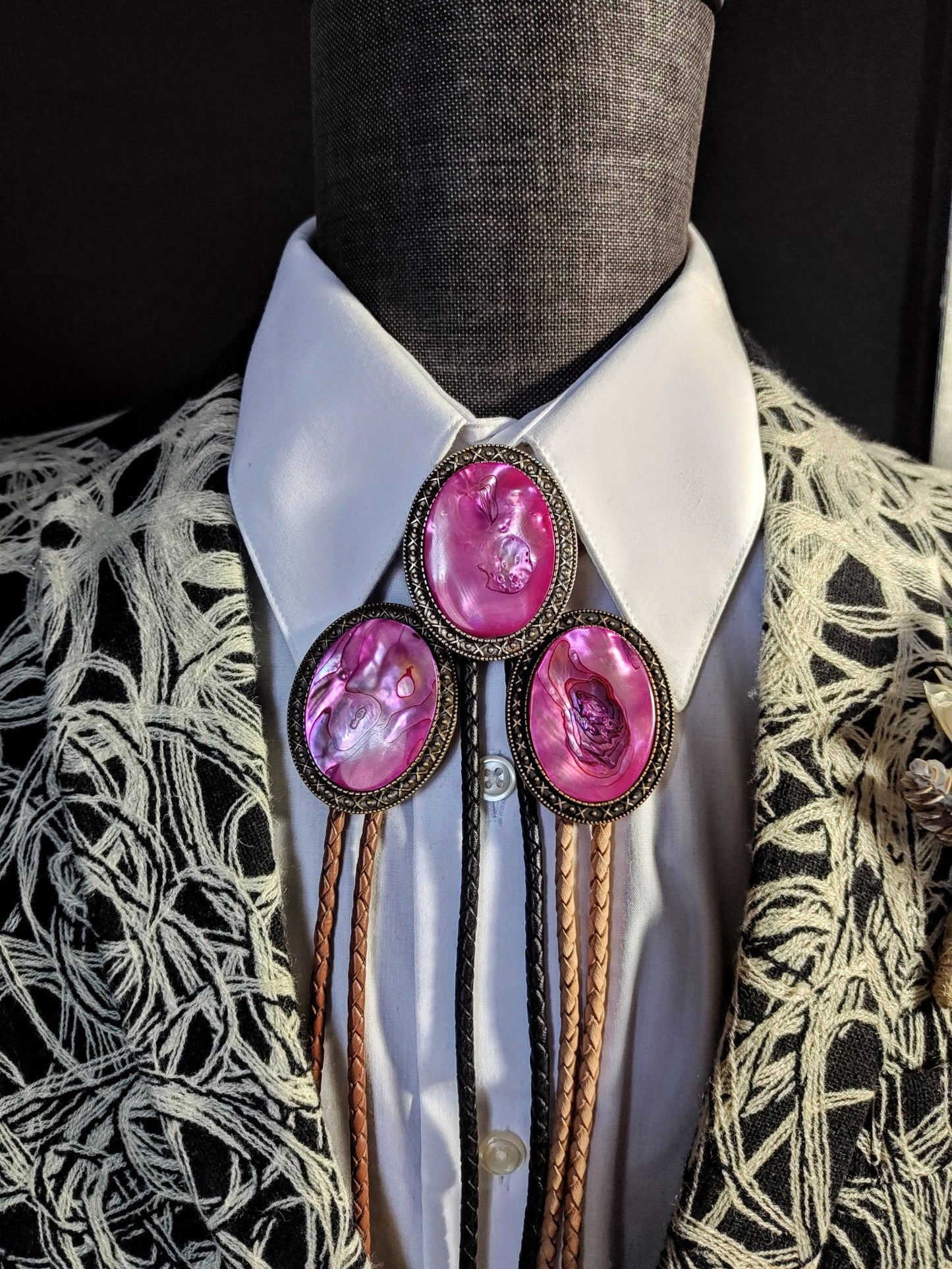 Yellowstone Bolo Tie with Hot Pink Abalone Cabochons in Gold, Silver or Copper - Folks On The Edge