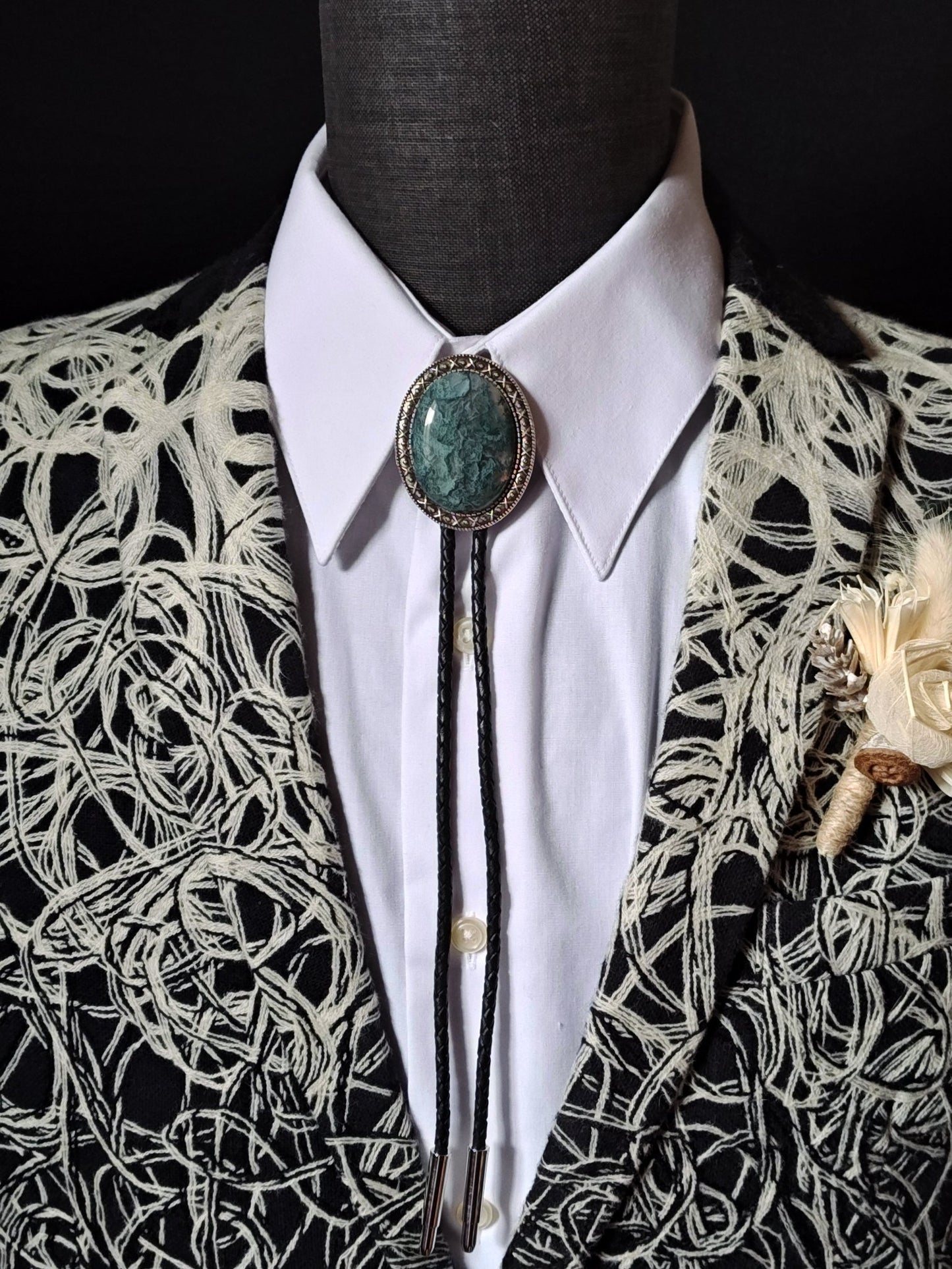 Yellowstone Bolo Tie with Moss Agate Stone in Gold, Silver or Copper Setting - Folks On The Edge