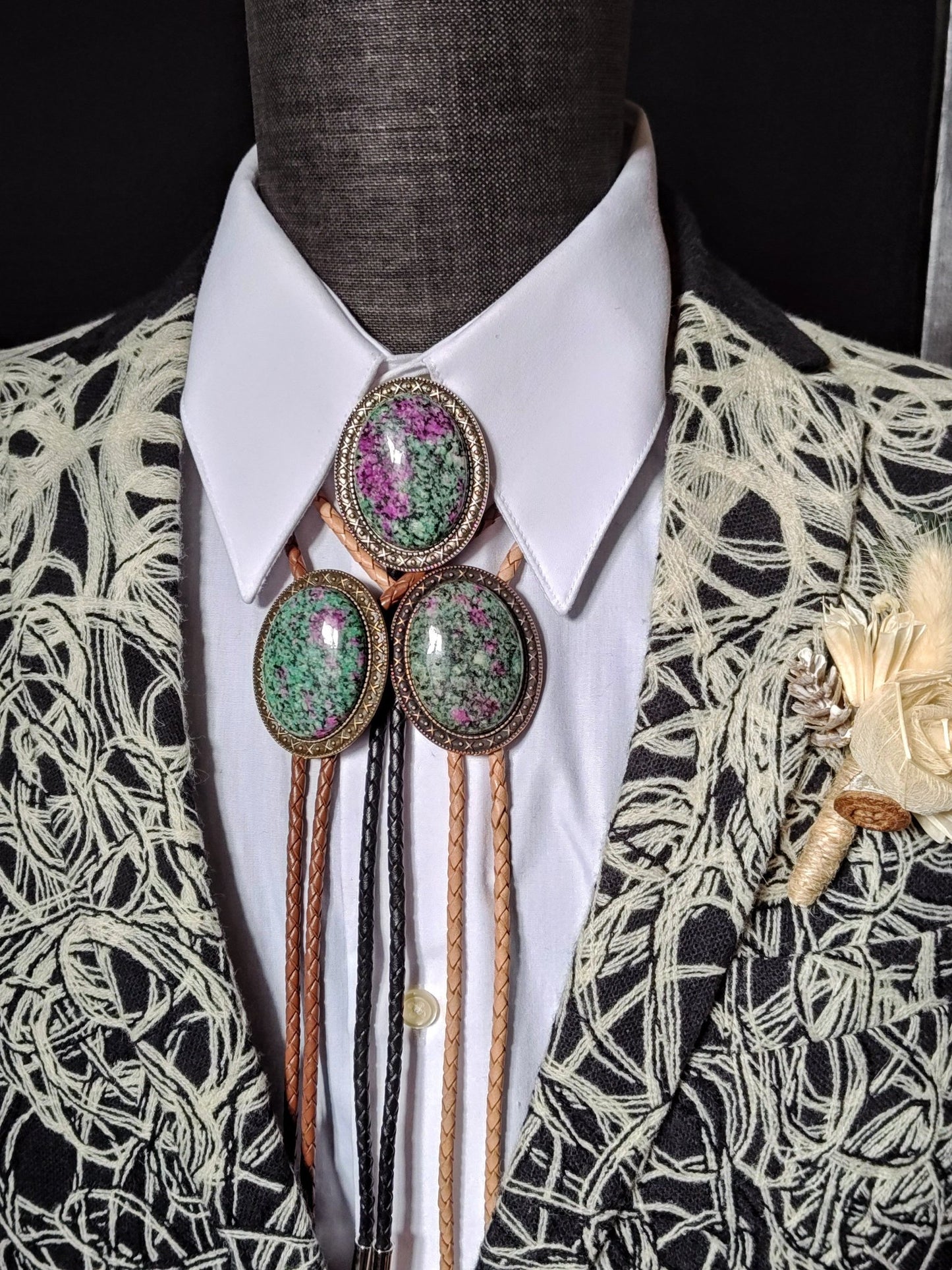 Yellowstone Bolo Tie with Ruby Zoisite Stone in Gold, Silver or Copper - Folks On The Edge