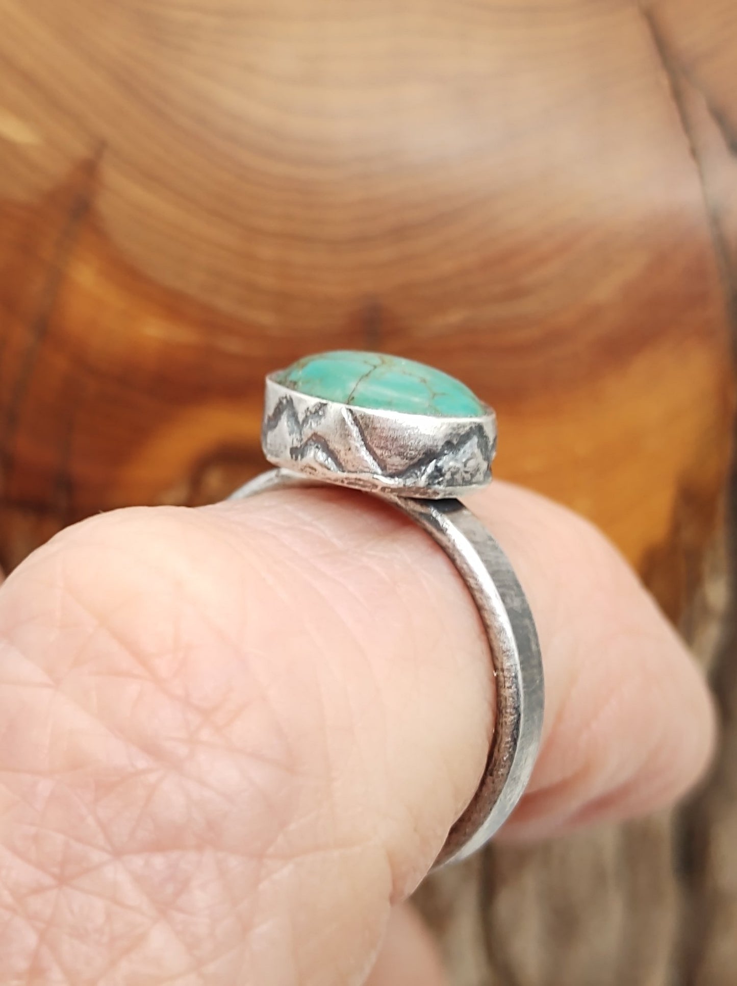 Blue Green Turquoise Ring in Sterling Silver with Mountains by Folks On The Edge - Folks On The Edge