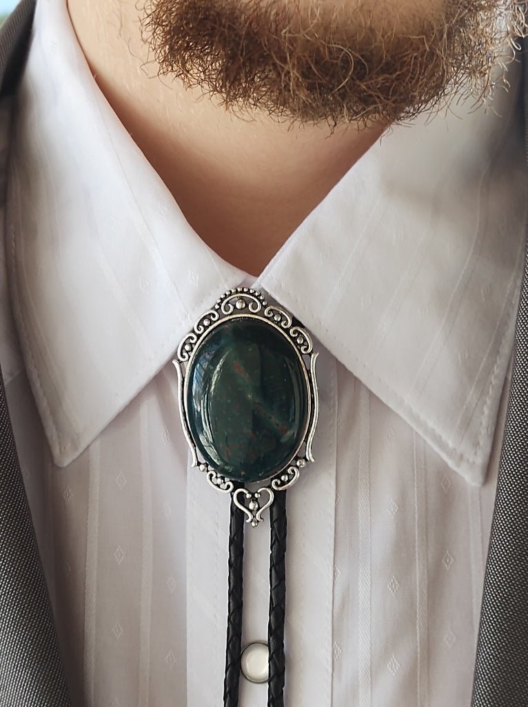 Bolo Tie with Bloodstone Jasper in Elegant Gold, Silver or Copper - Folks On The Edge