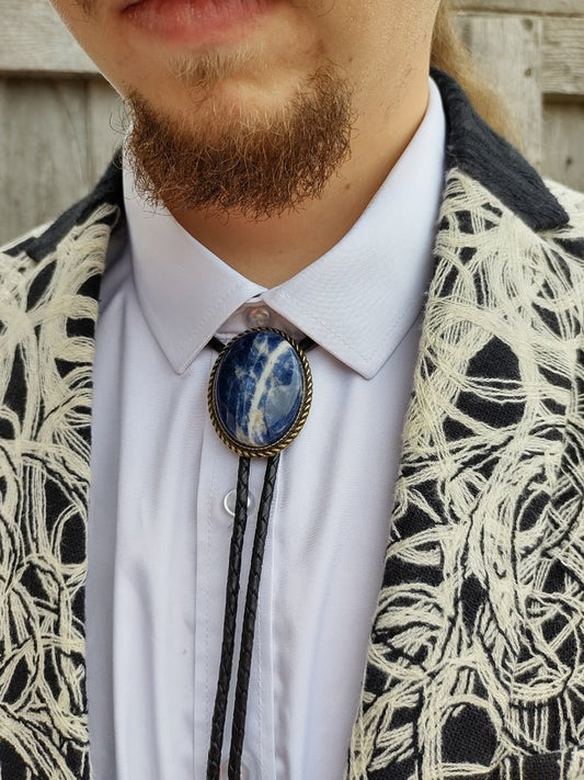 Bolo Tie with Blue Sodalite in Classic Rope Twist Gold or Silver Setting - Folks On The Edge