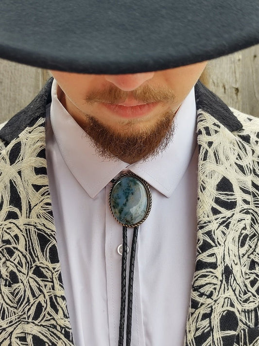 Bolo Tie with Green Moss Agate in Classic Rope Twist Gold or Silver Setting - Folks On The Edge
